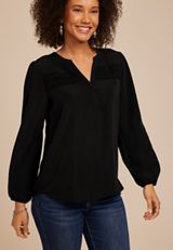 Crochet Trim Split Neck Blouse, C106, small