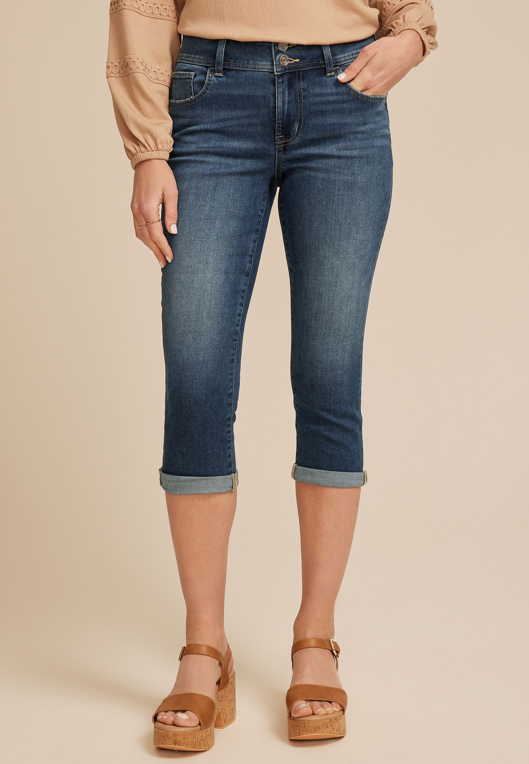 m jeans by maurices&trade; Classic Mid Rise Double Button Capri