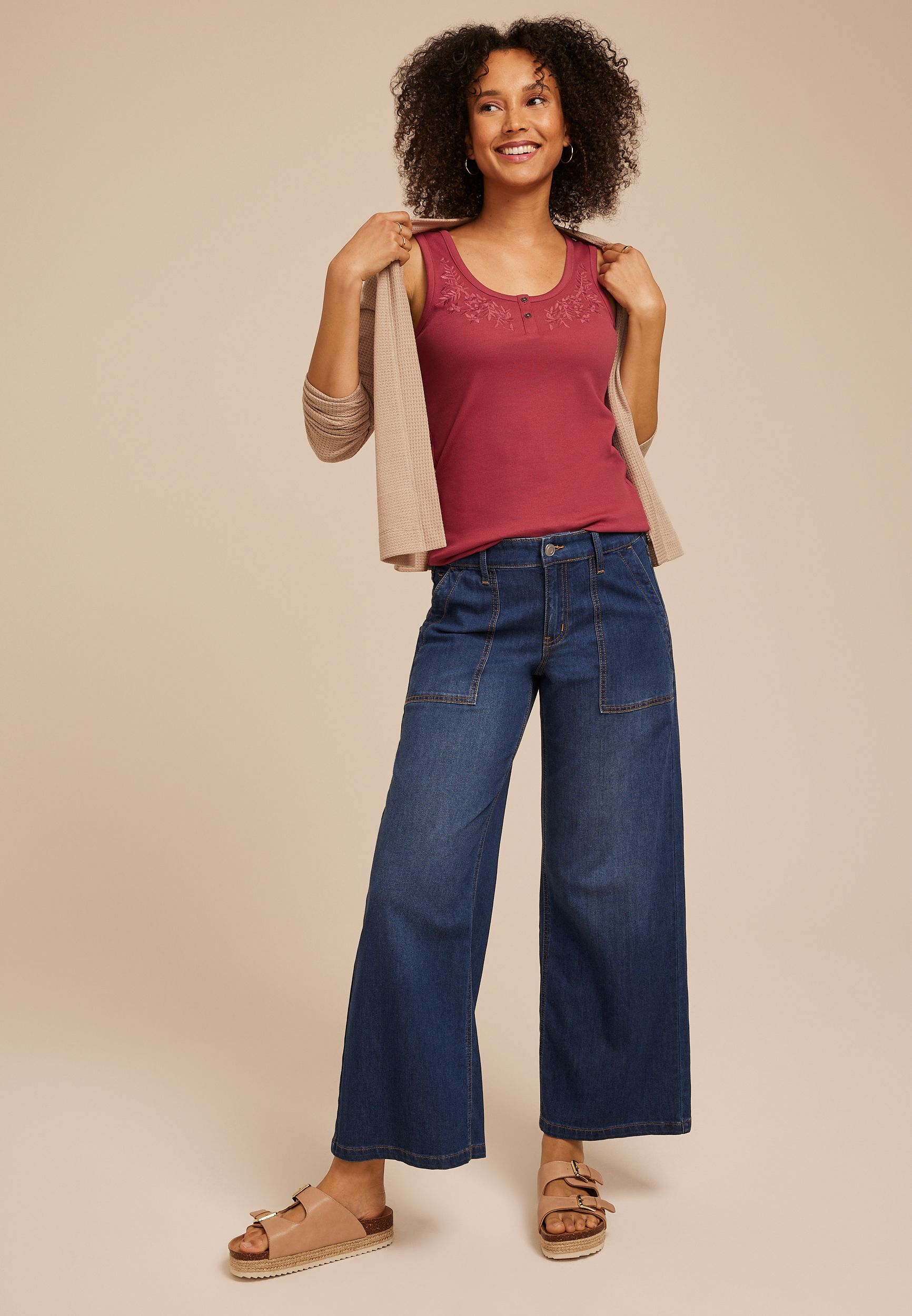 Floral Embroidered Henley Tank Top