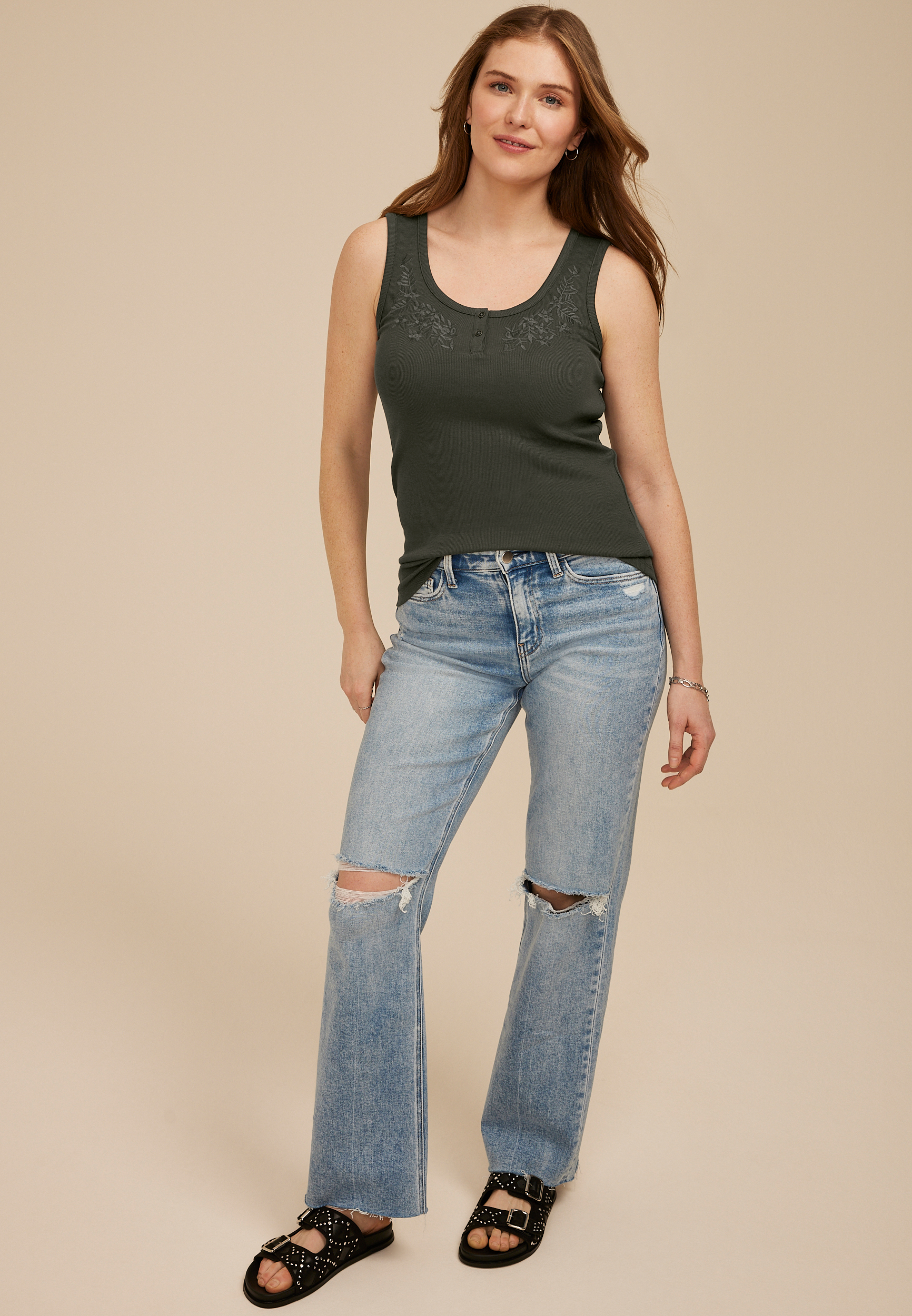 Floral Embroidered Henley Tank Top, C4033, large