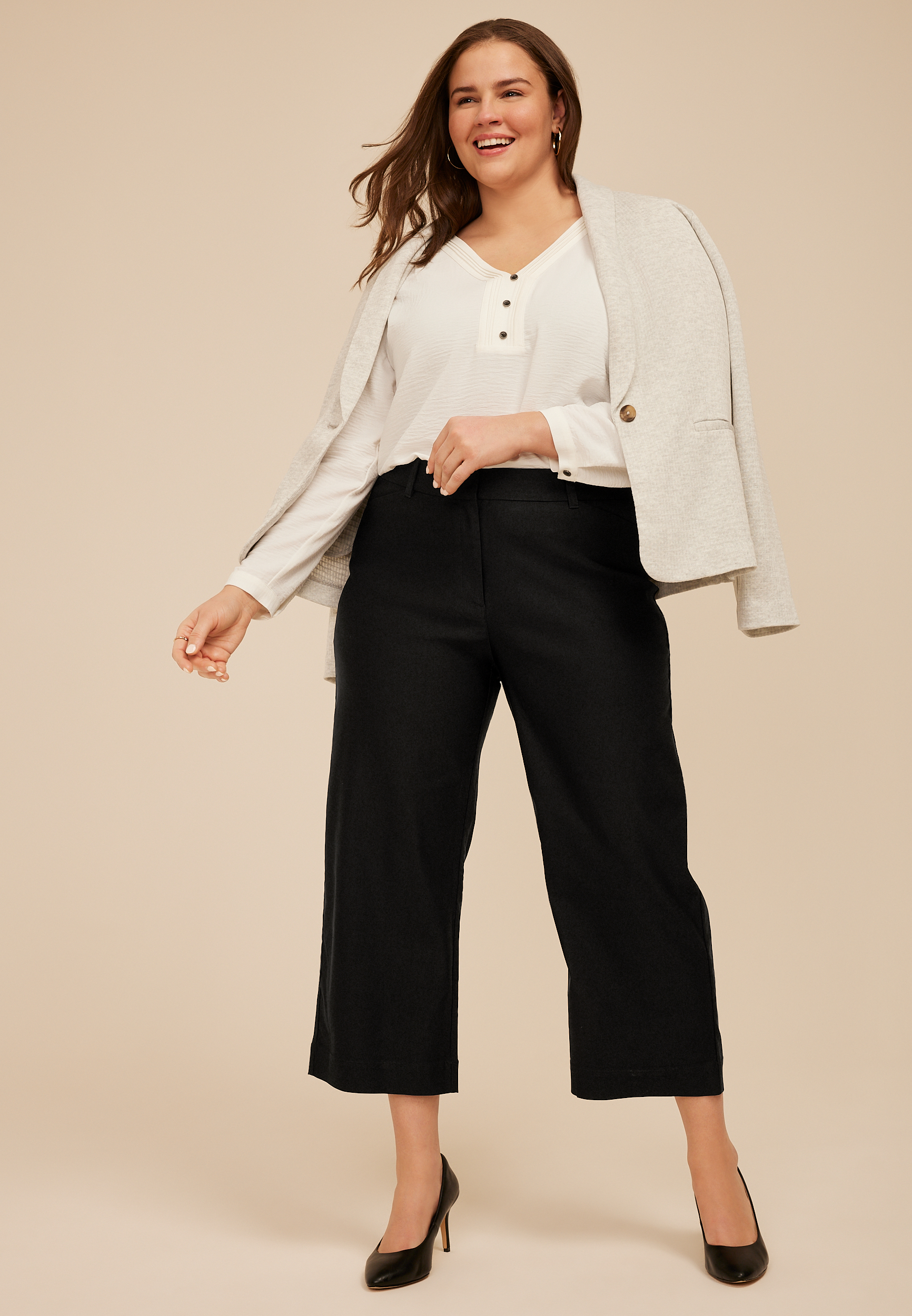 Plus Size Bengaline High Rise Sateen Wide Leg Cropped Pant