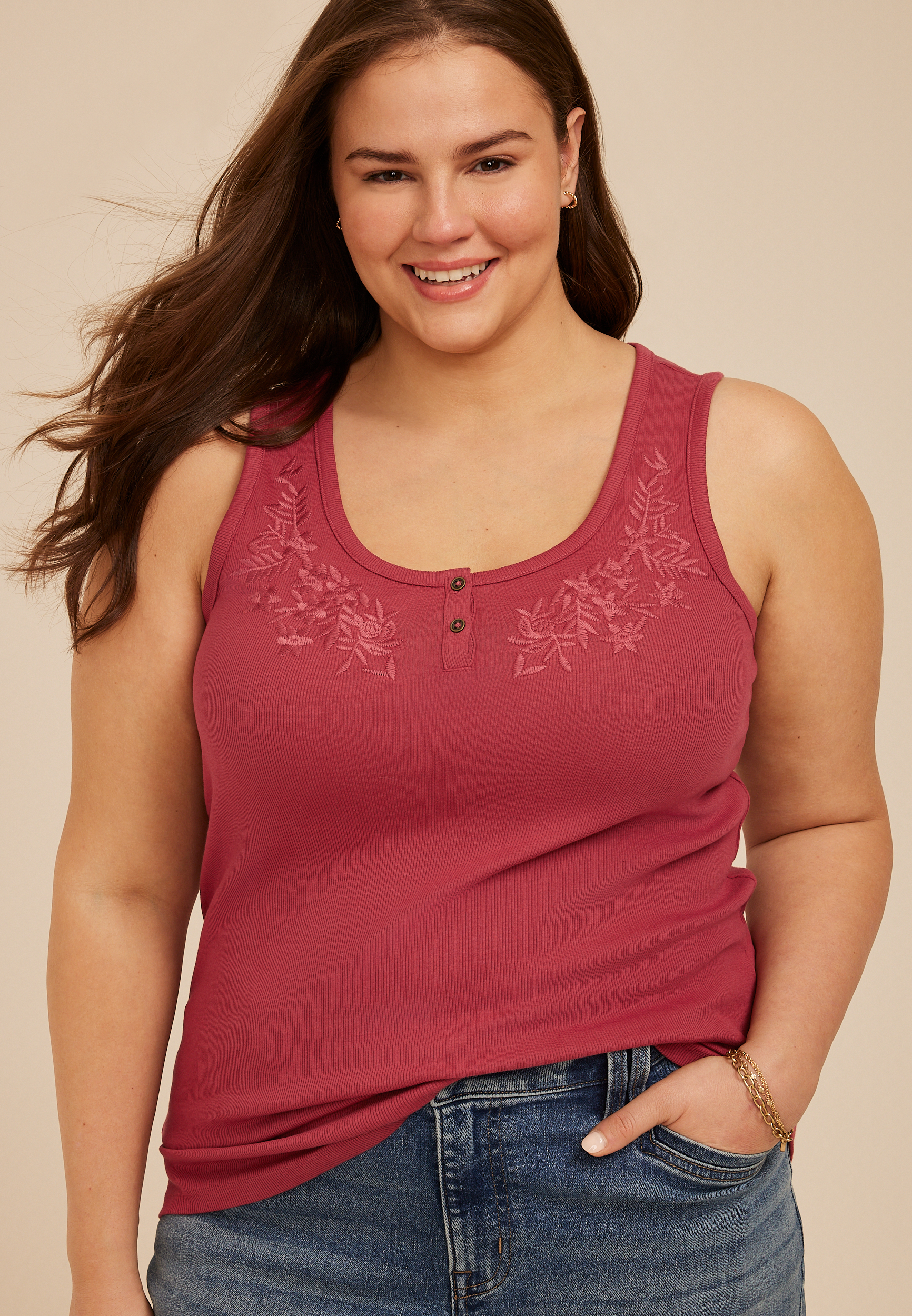 Plus Size Floral Embroidered Henley Tank Top