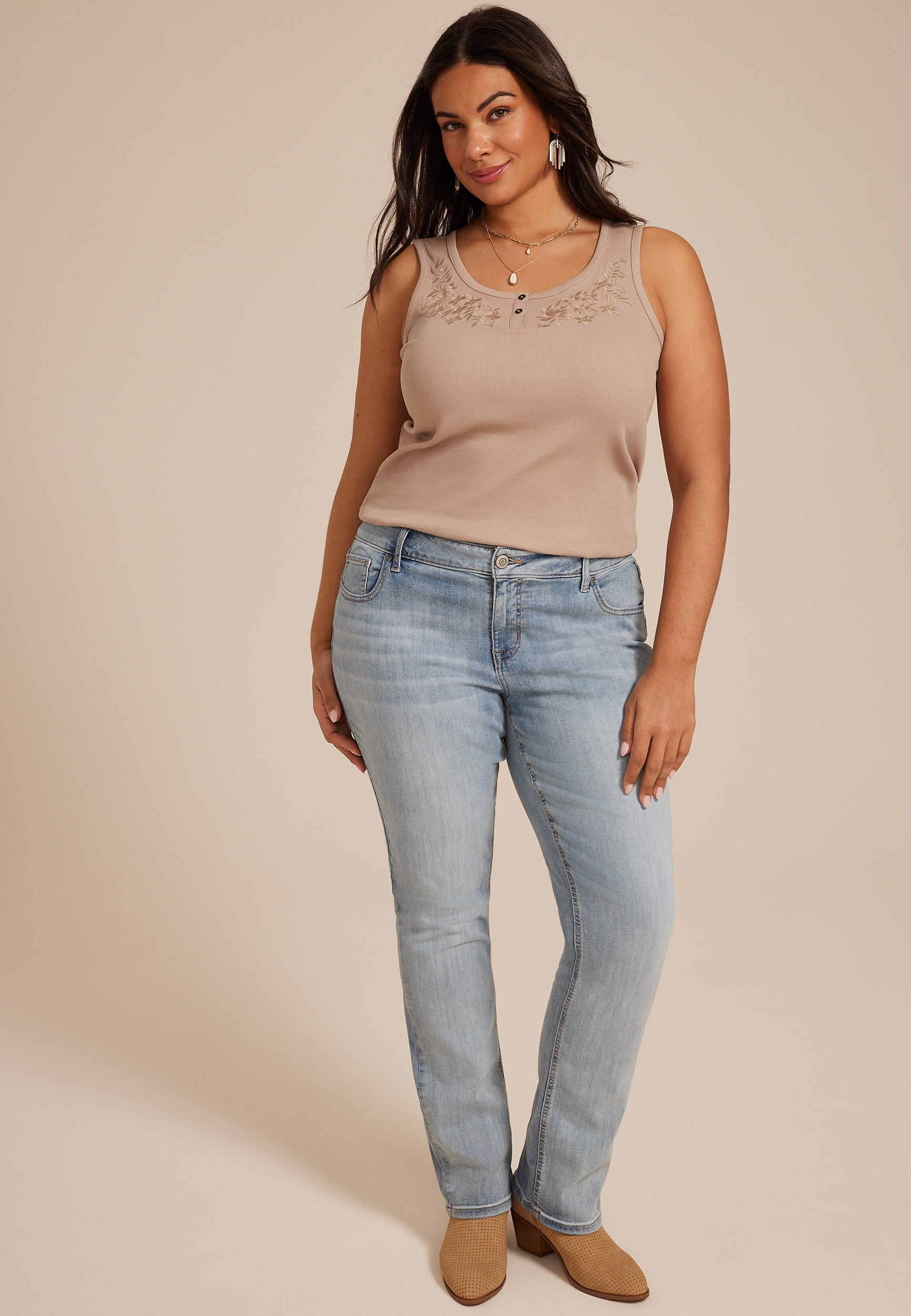 Plus Size Floral Embroidered Henley Tank Top