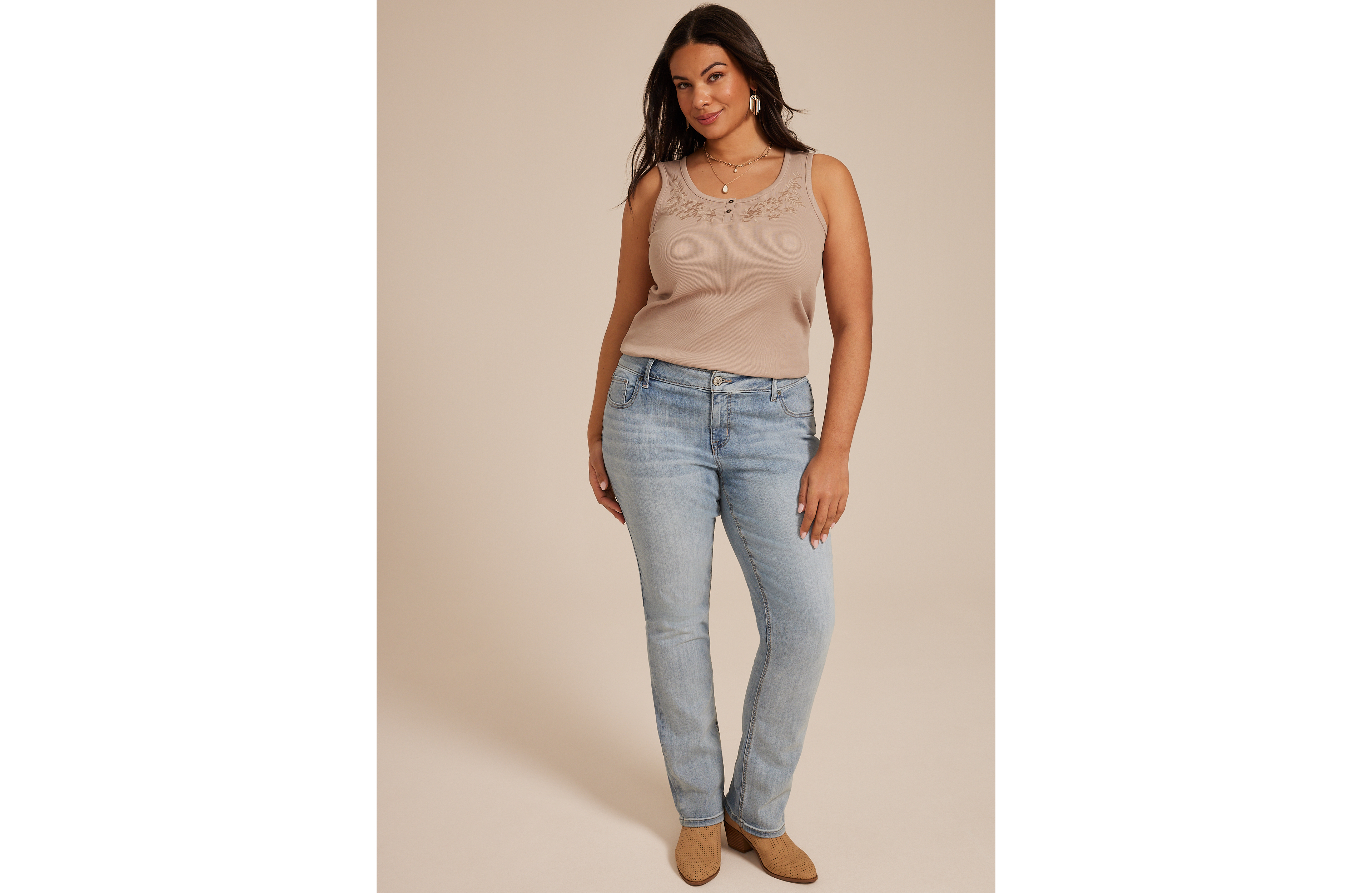 Plus Floral Embroidered Henley Tank Top