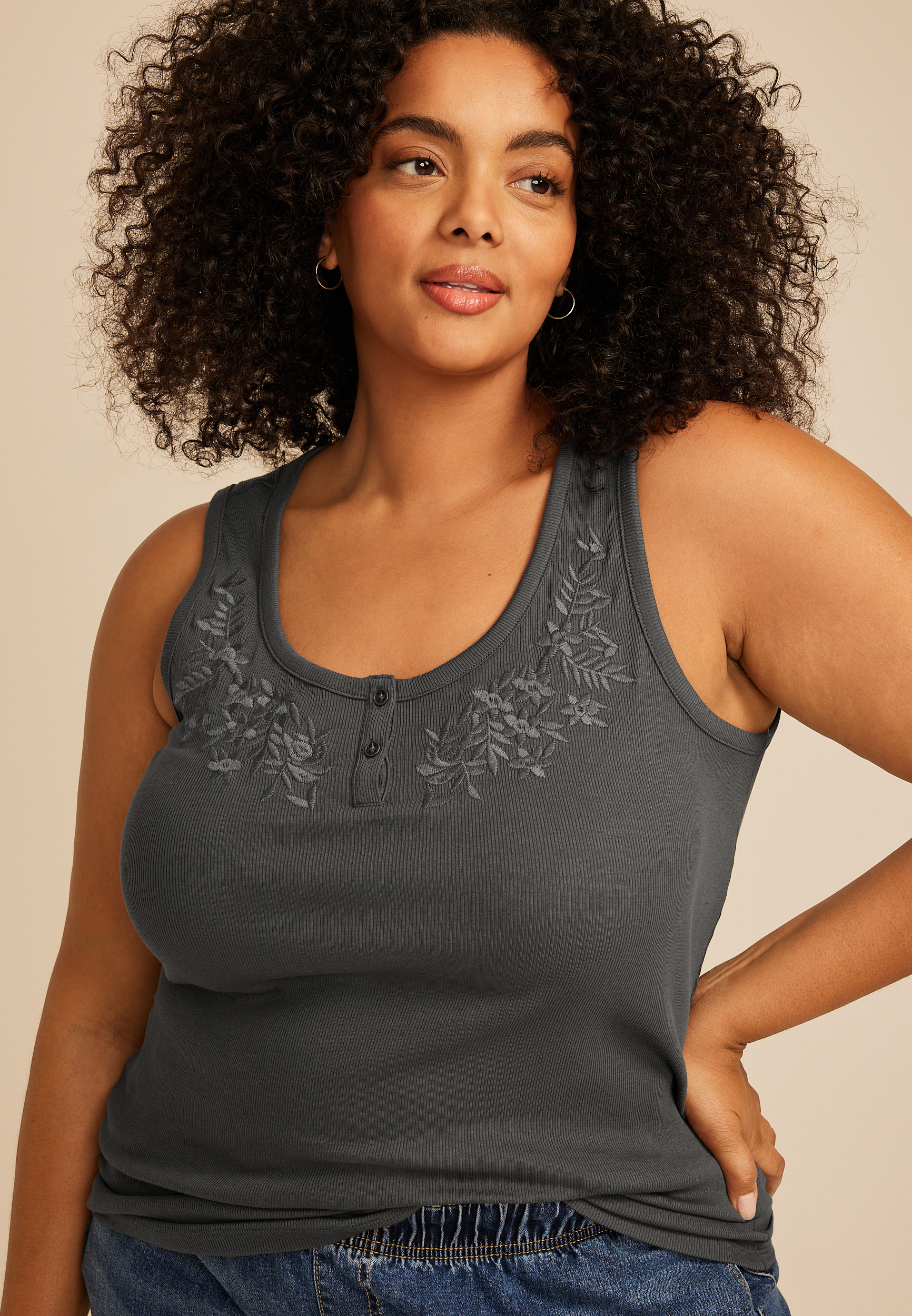 Plus Size Floral Embroidered Henley Tank Top