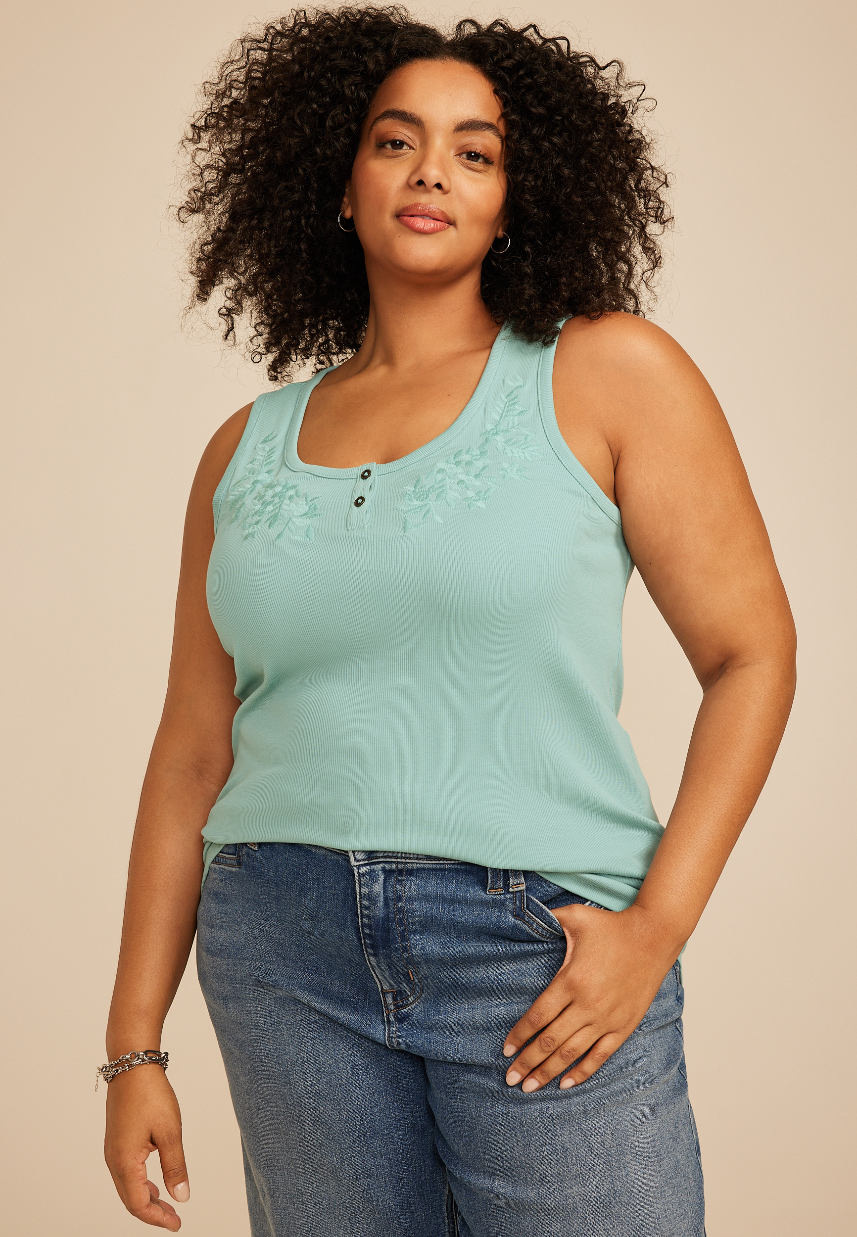Plus Size Floral Embroidered Henley Tank Top