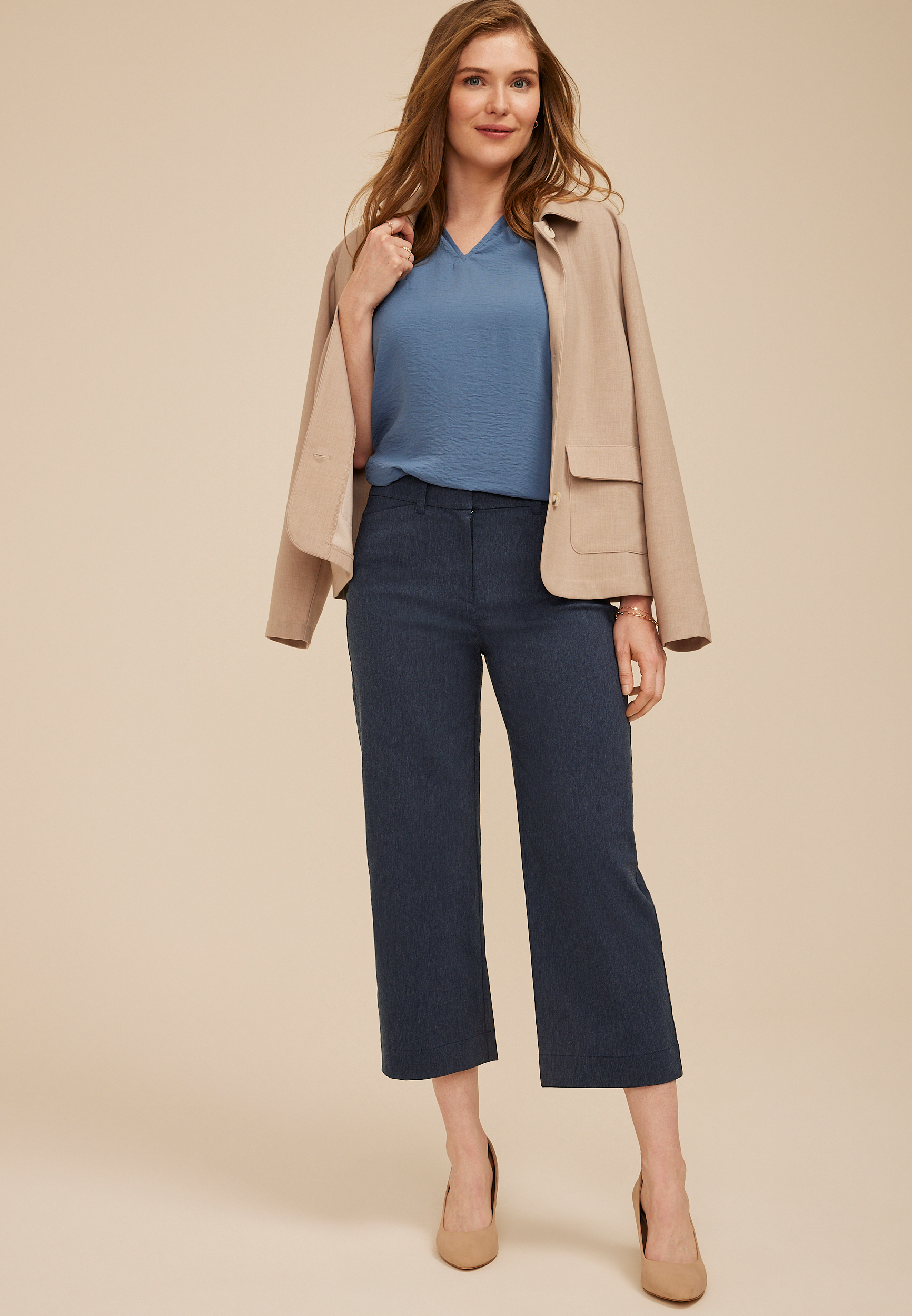 Bengaline High Rise Denim Wide Leg Cropped Pant