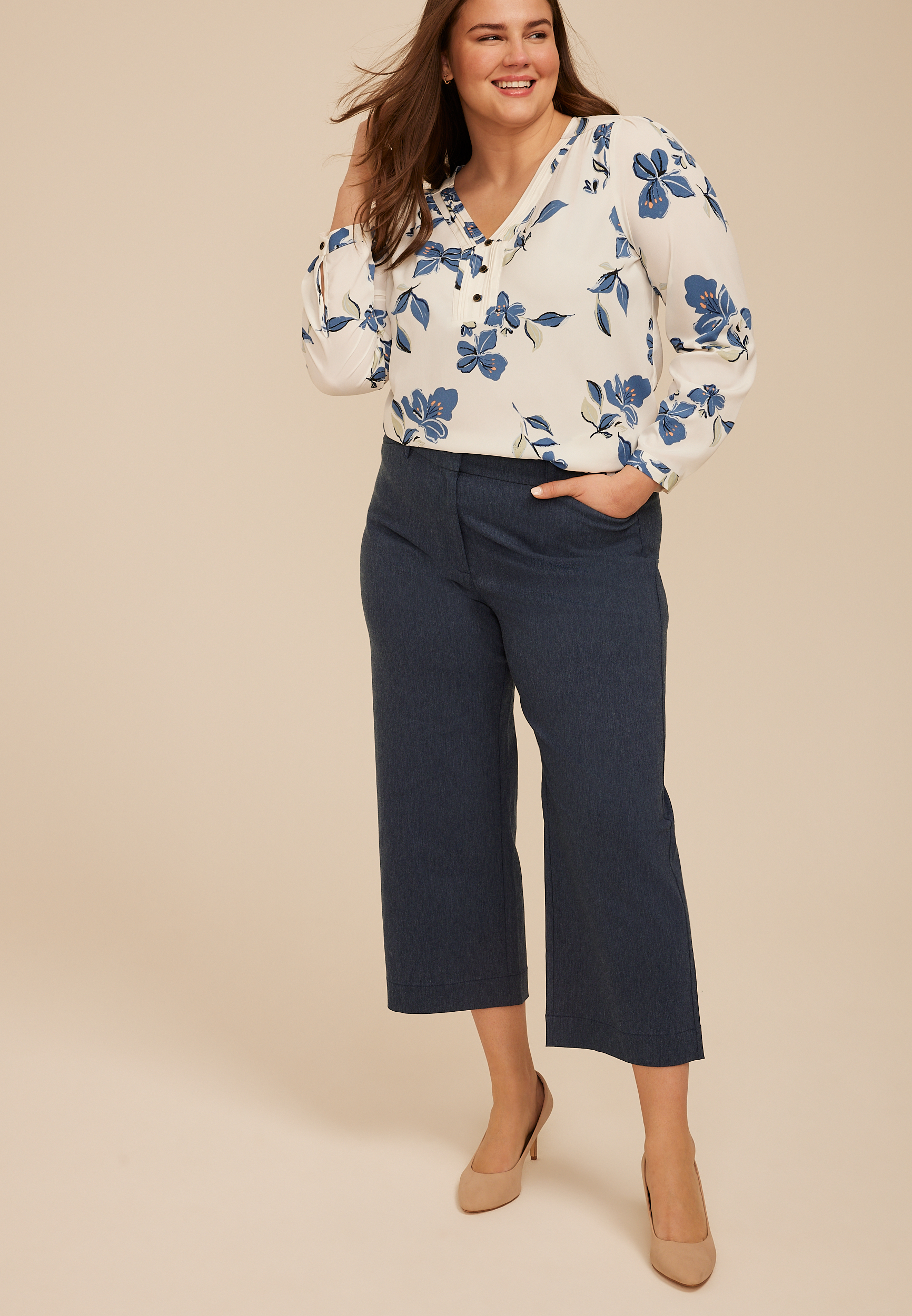 Plus Size Bengaline High Rise Denim Wide Leg Cropped Pant