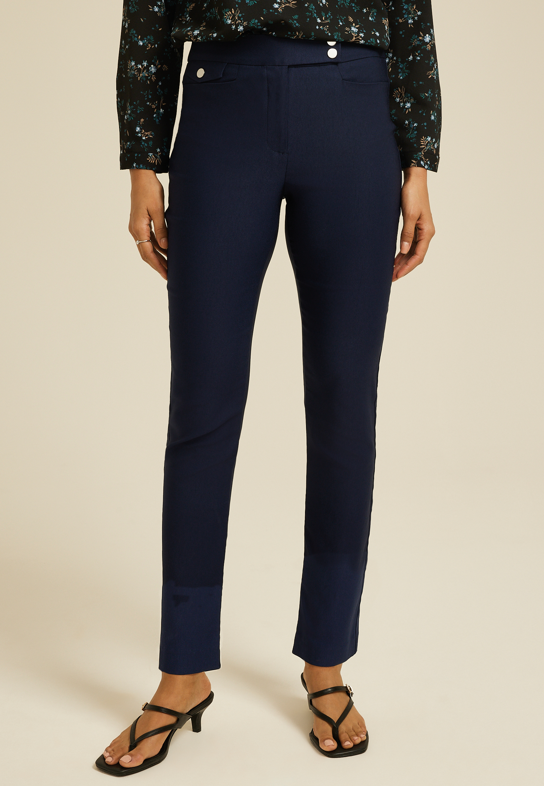 Bengaline High Rise Sateen Tab Pocket Slim Straight Pant