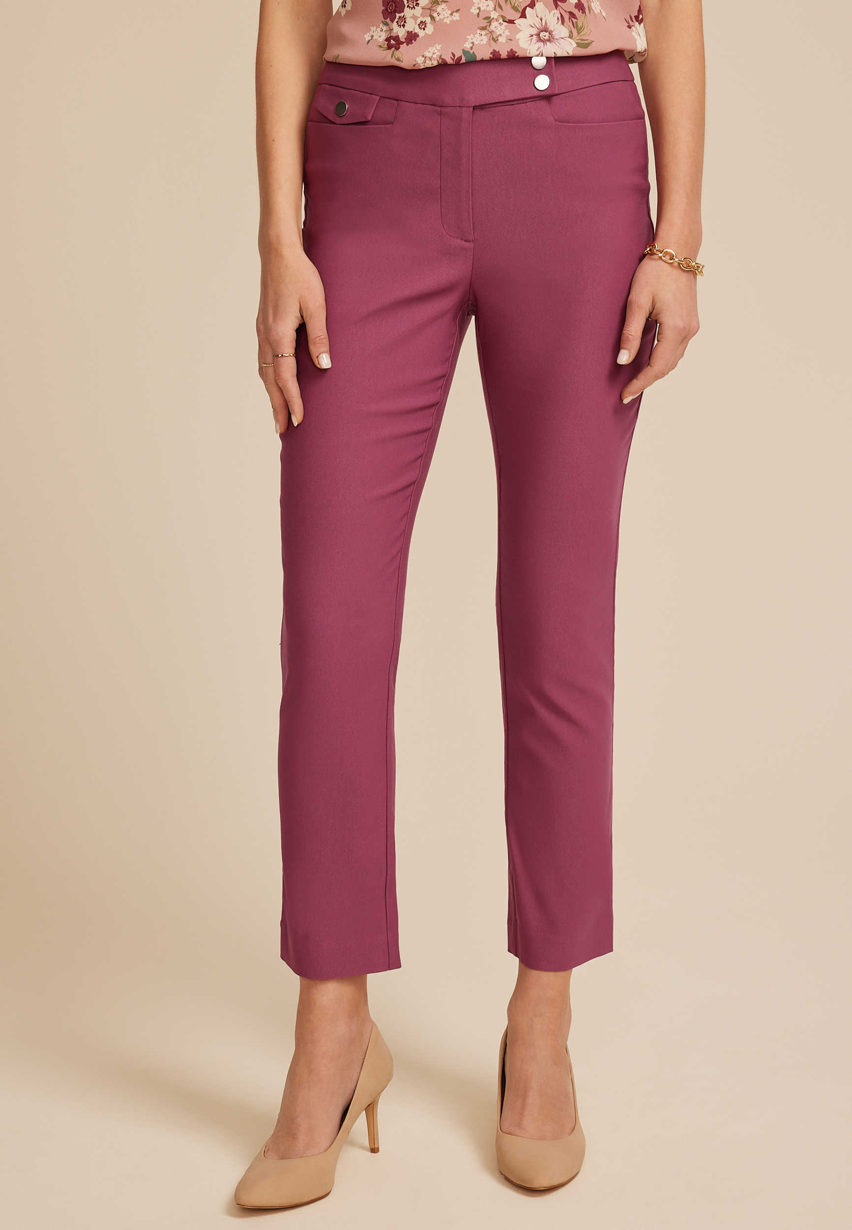 Bengaline High Rise Sateen Tab Pocket Slim Straight Pant