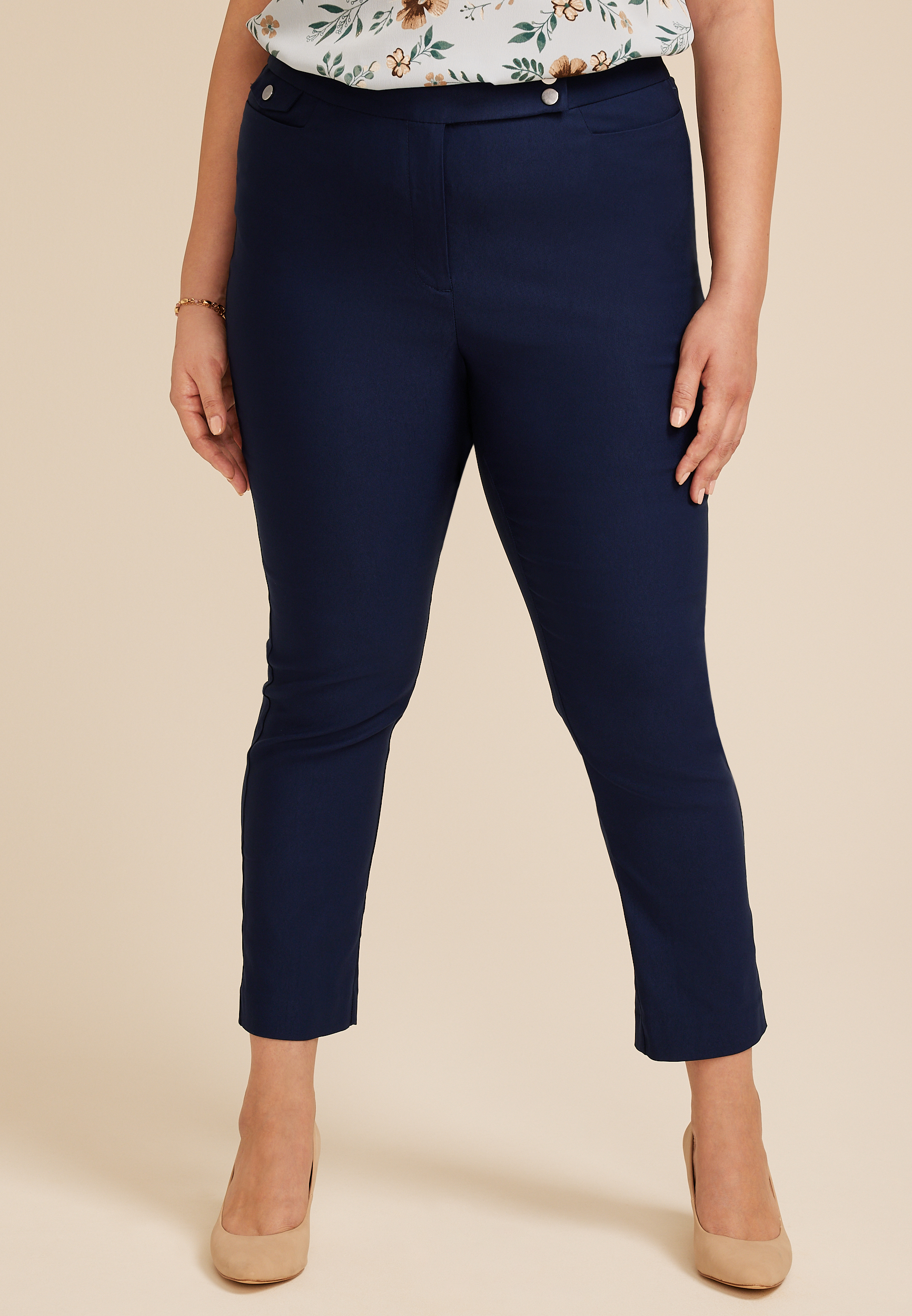 Plus Size Bengaline High Rise Sateen Tab Pocket Slim Straight Pant