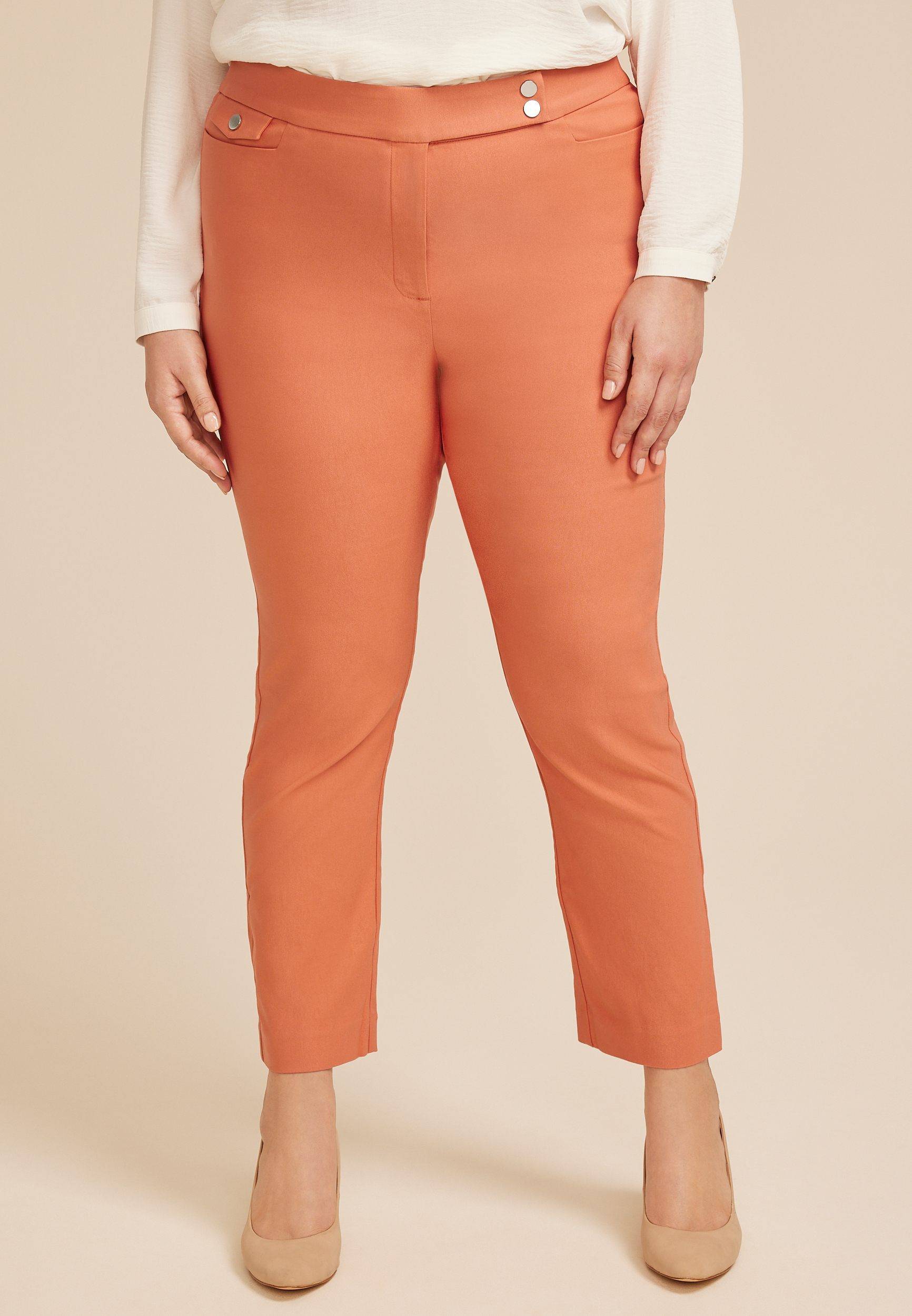 Plus Size Bengaline High Rise Sateen Tab Pocket Slim Straight Pant
