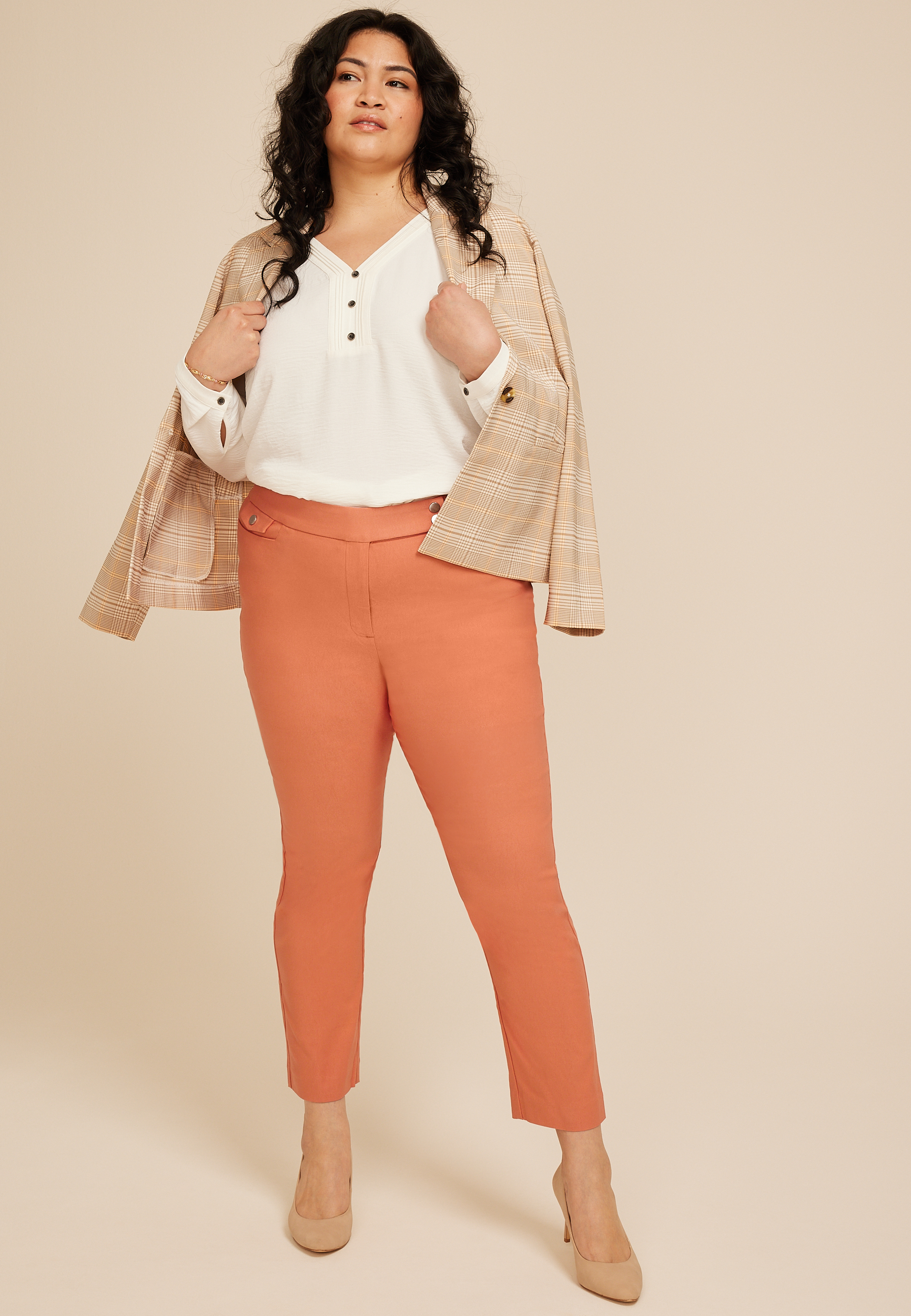 Plus Size Bengaline High Rise Sateen Tab Pocket Slim Straight Pant, C5890, large