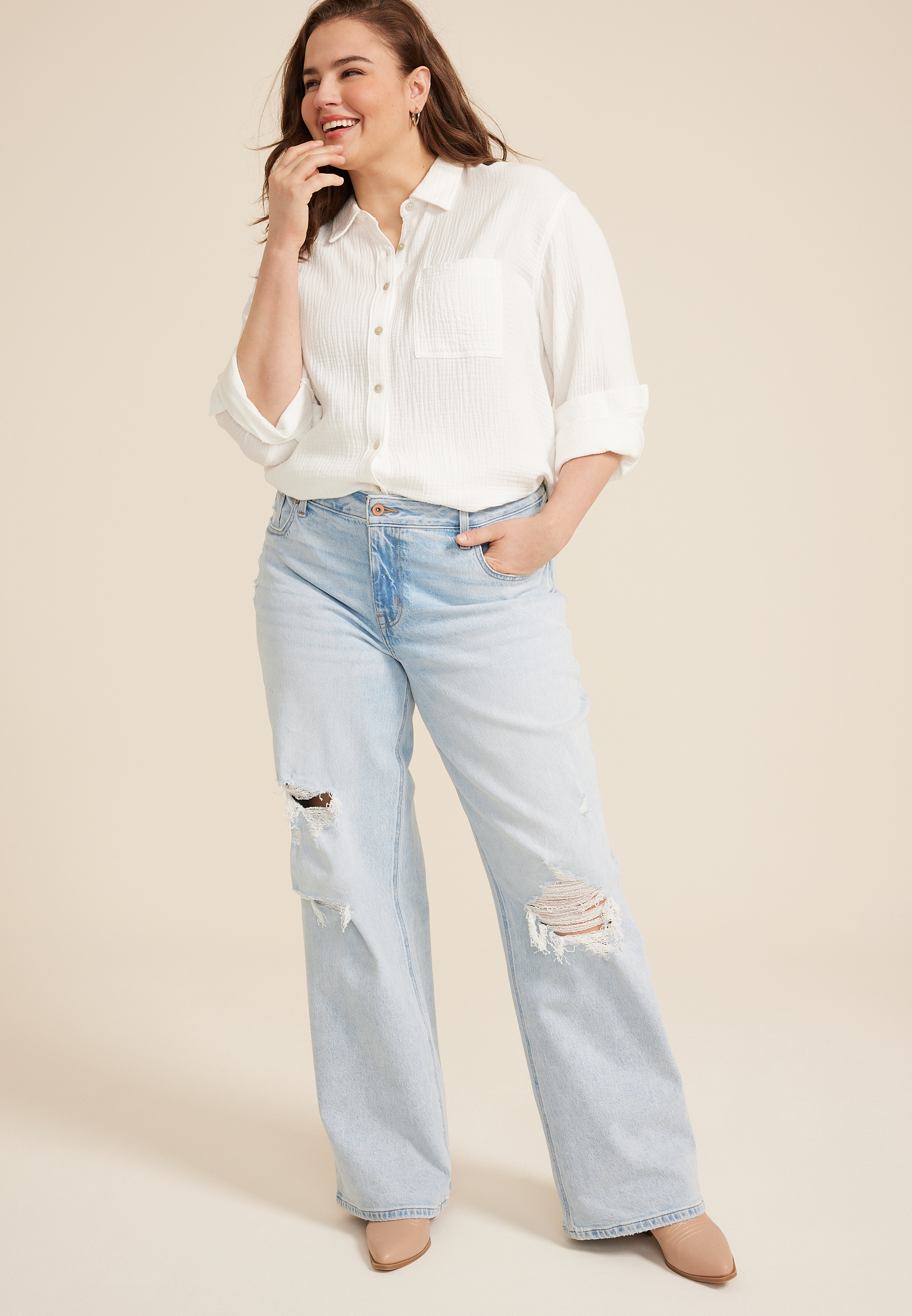 Plus Size edgely&trade; High Rise Ripped Wide Leg Jean