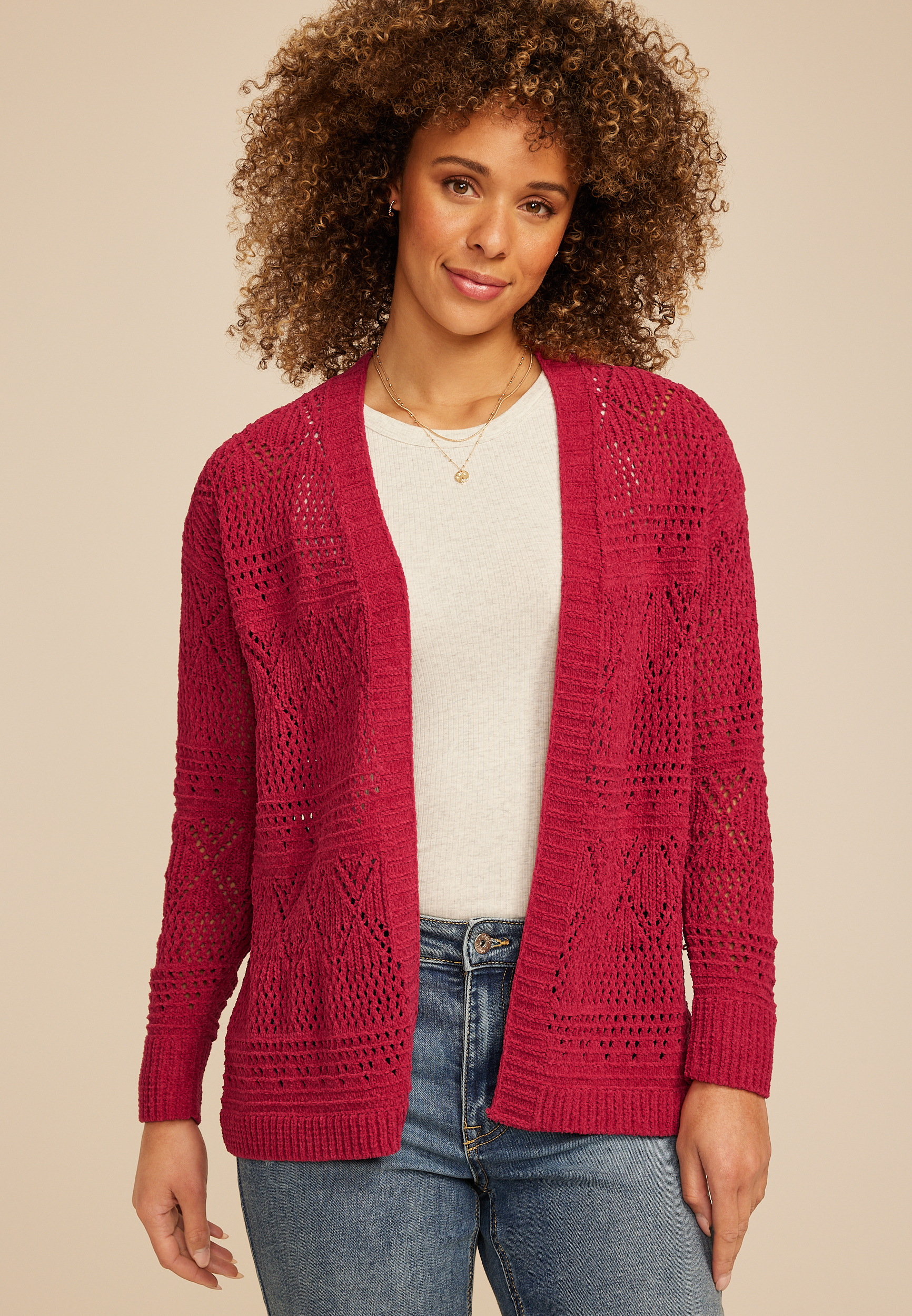 Mixed Pointelle Open Front Cardigan