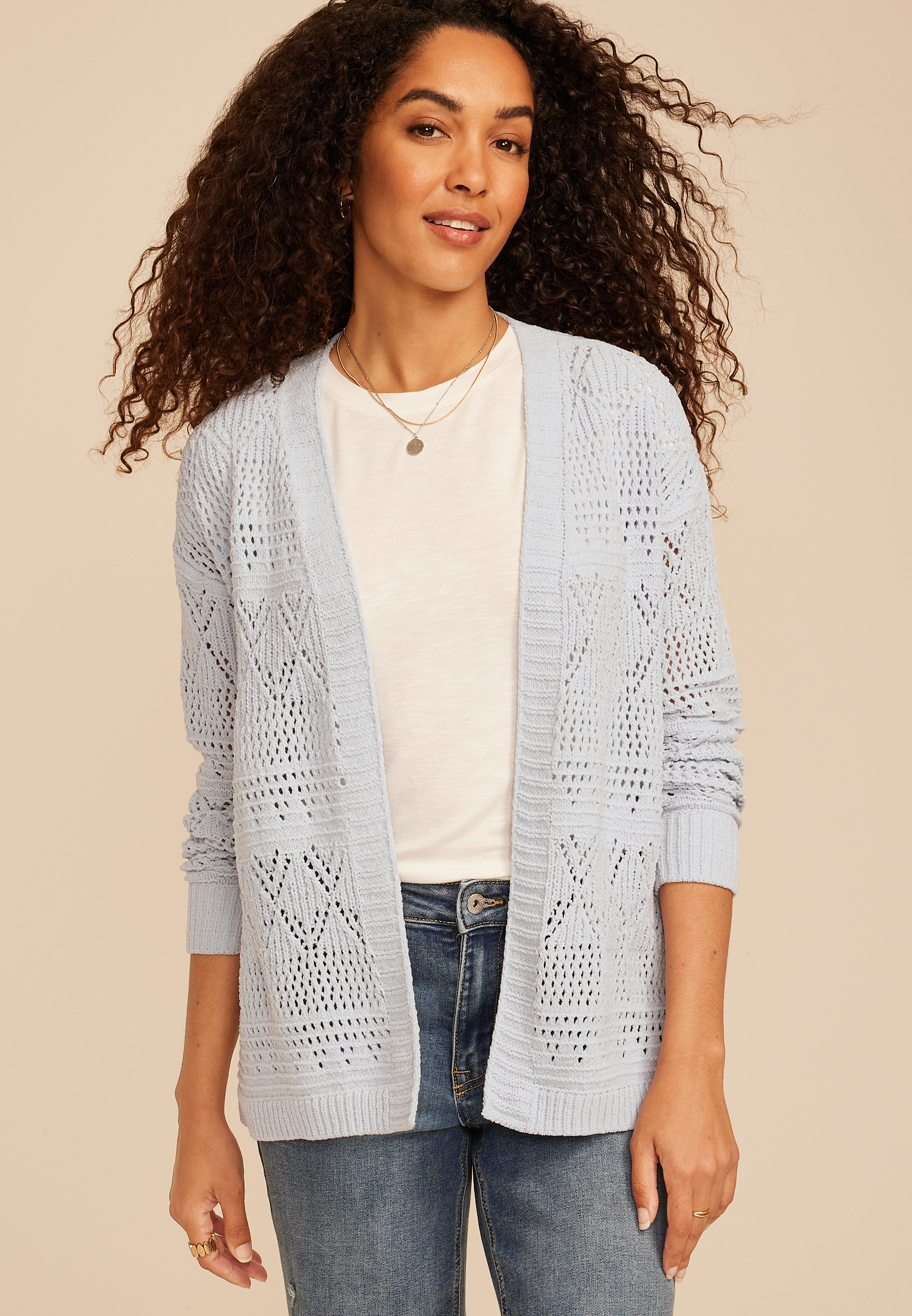 Mixed Pointelle Open Front Cardigan