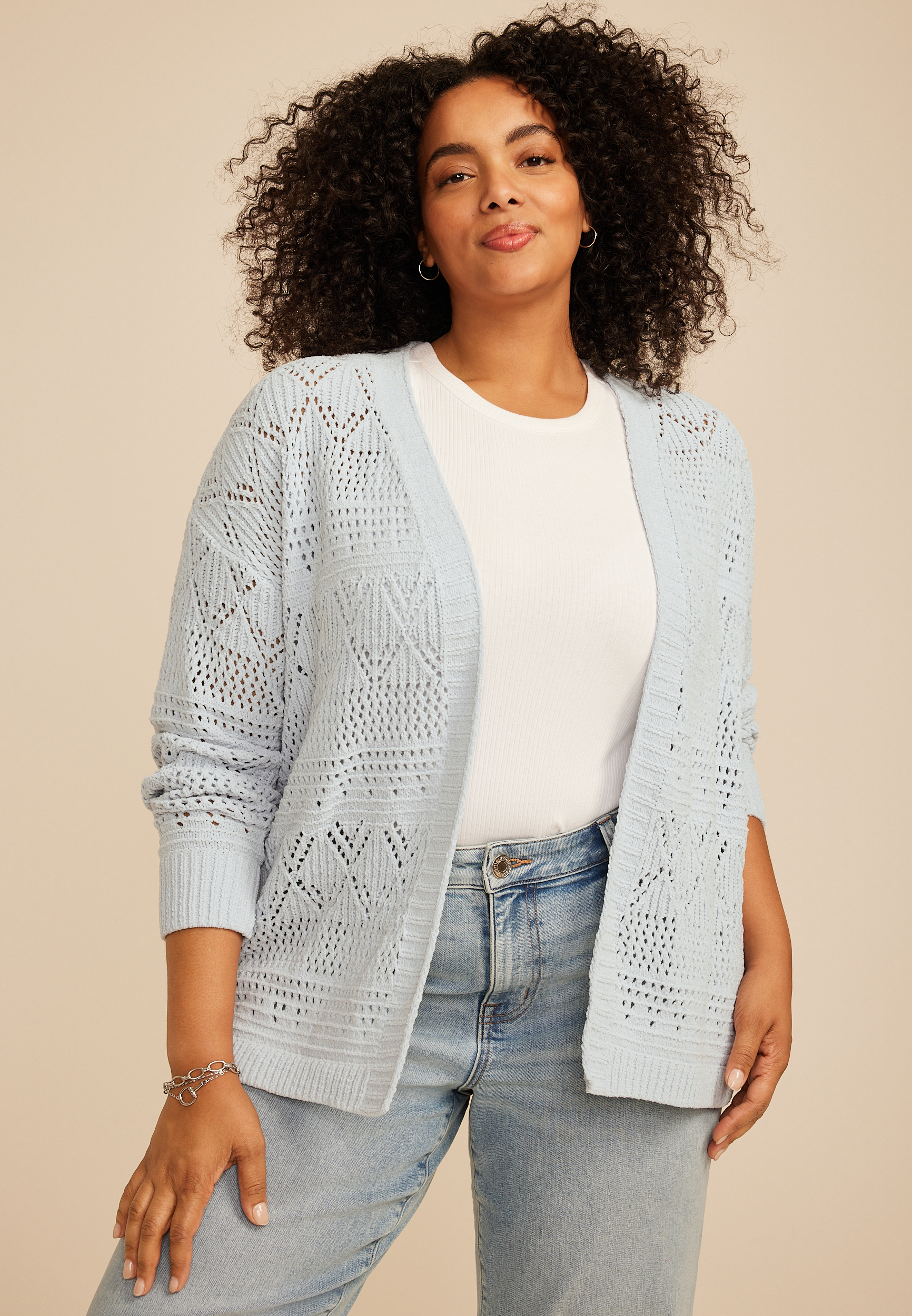 Plus Size Mixed Pointelle Open Front Cardigan