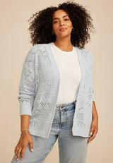 Plus Size Mixed Pointelle Open Front Cardigan, C6901, small