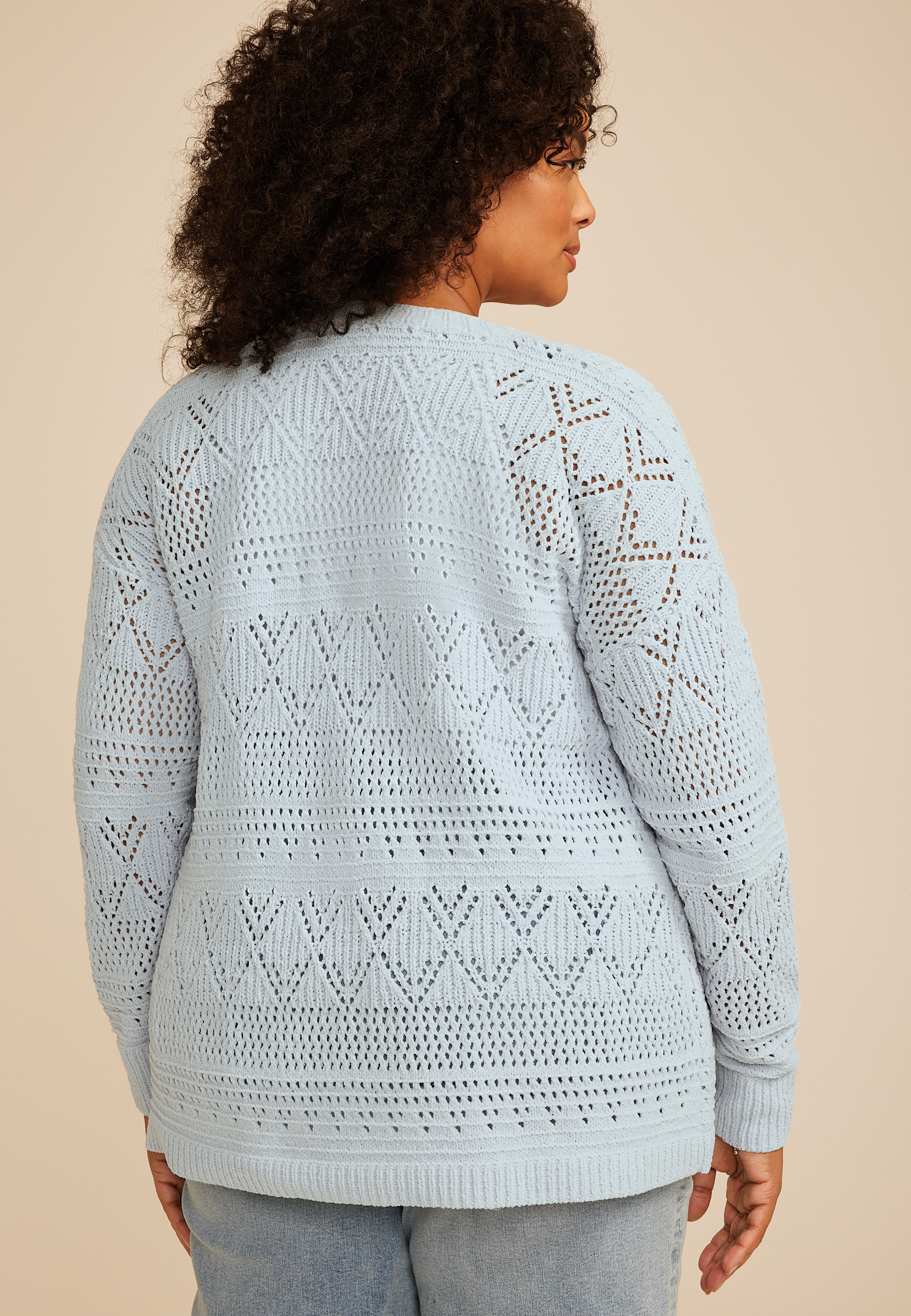 Plus Size Mixed Pointelle Open Front Cardigan, C6901, large