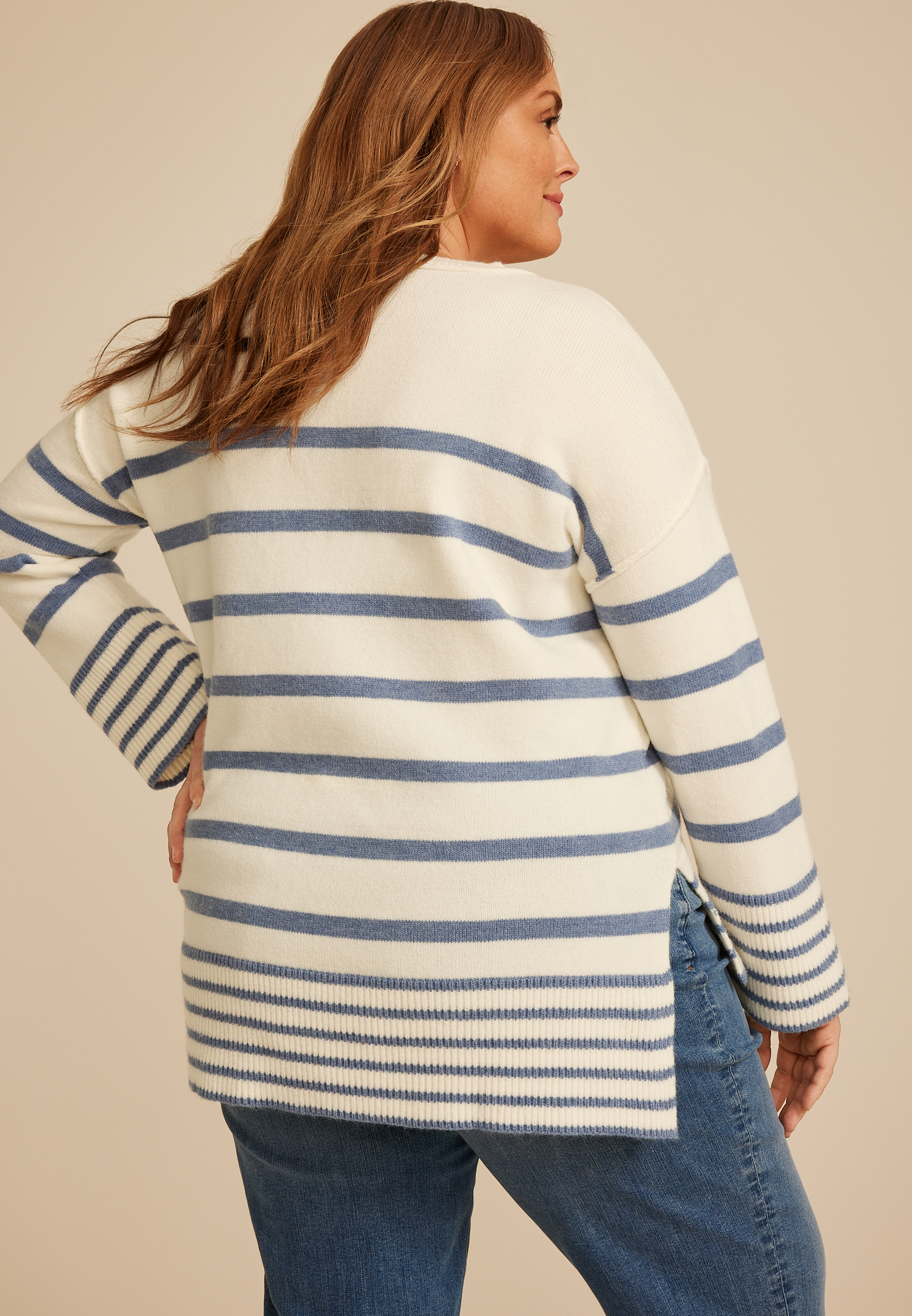 Plus Size Striped Crew Neck Step Hem Sweater, C9686, large