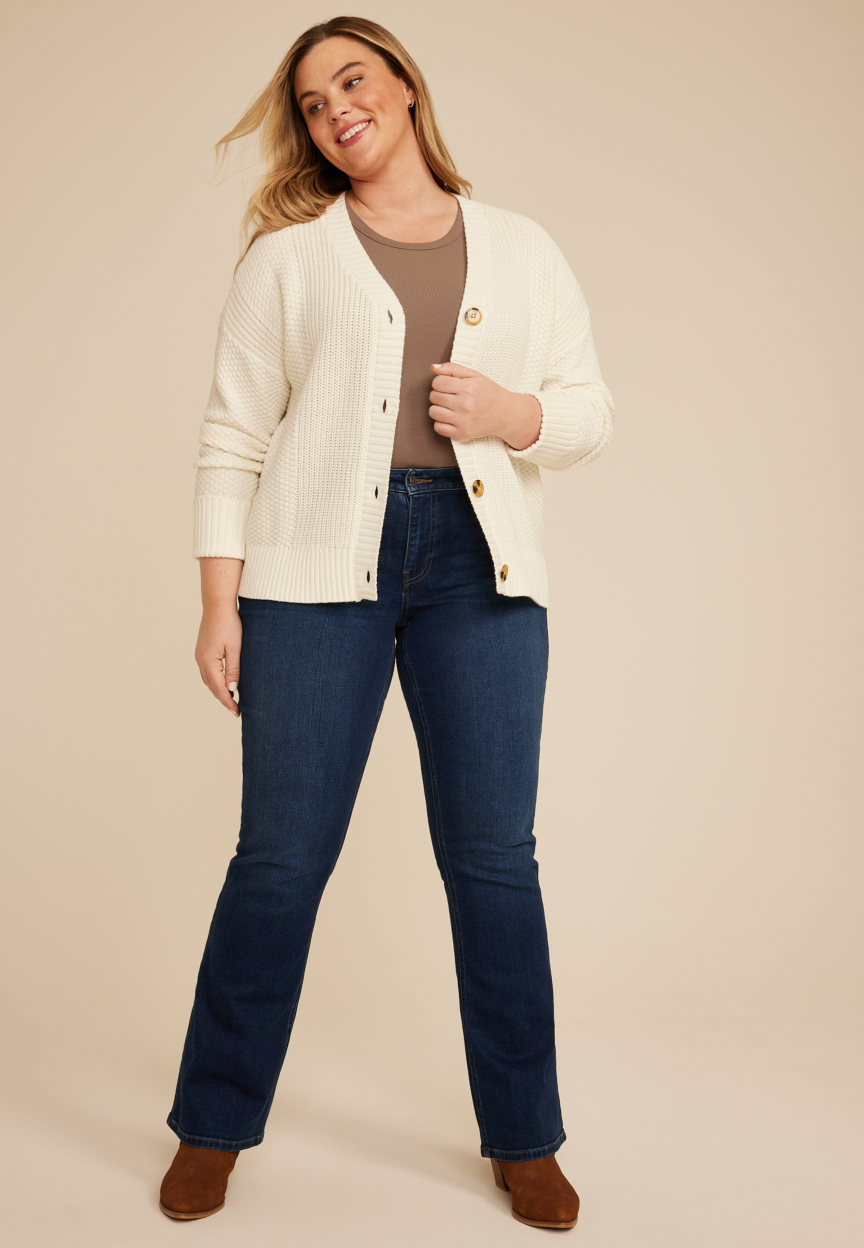 Plus Size Mixed Stitch Button Front Cardigan, C8232, large