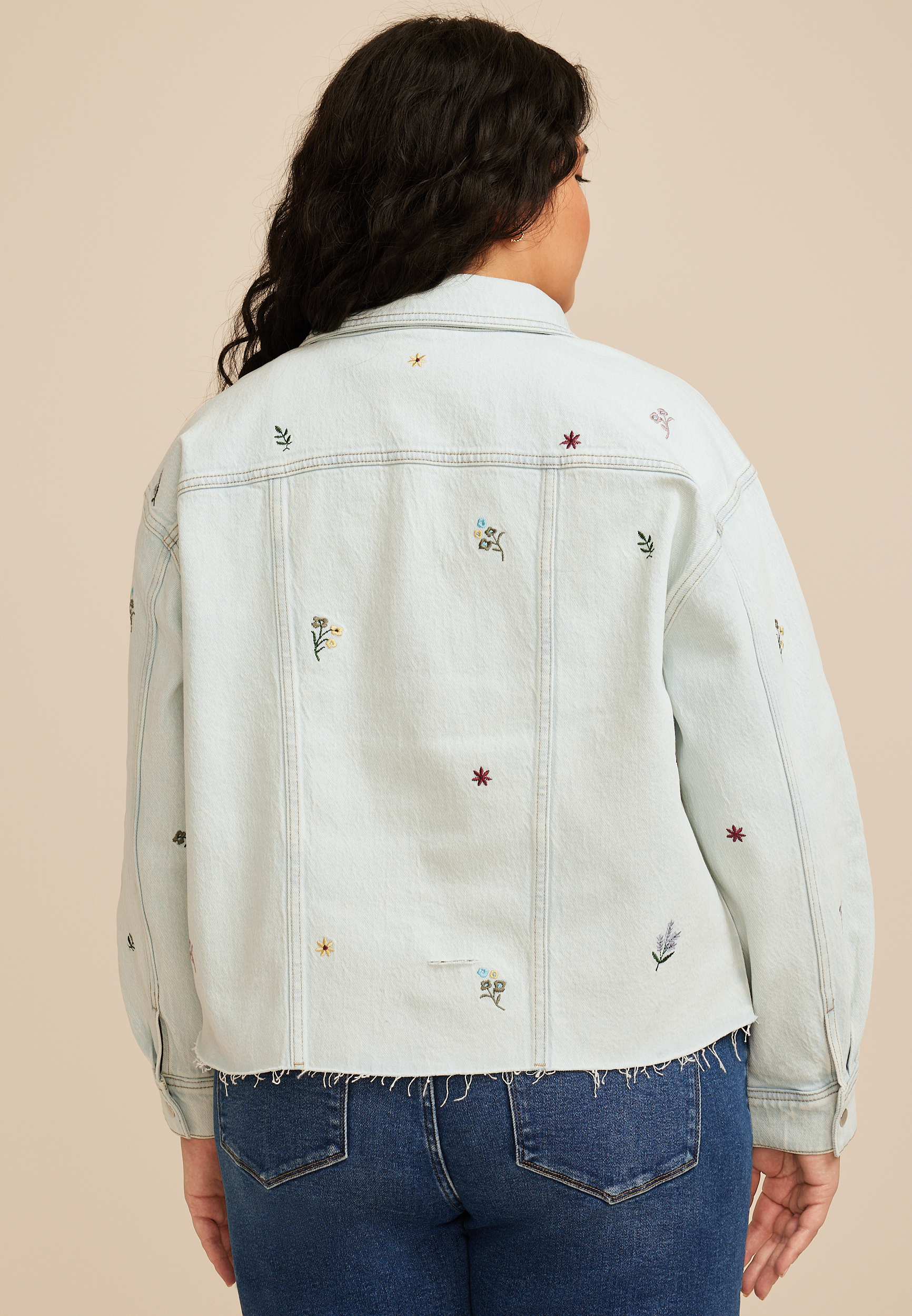 Plus Size Floral Embroidered Cropped Denim Jacket, C2806, large