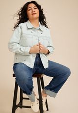 Plus Size Floral Embroidered Cropped Denim Jacket, C2806, small