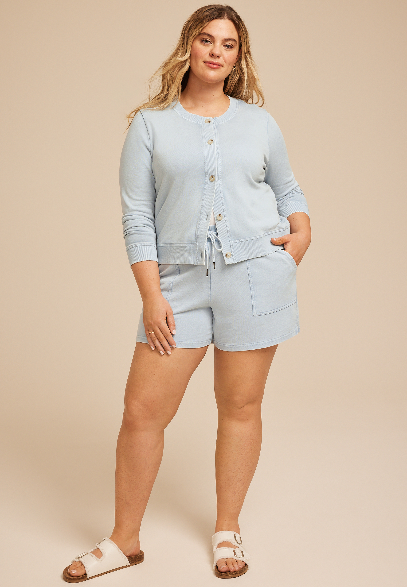 Plus Size Washed French Terry Button Front Cardigan