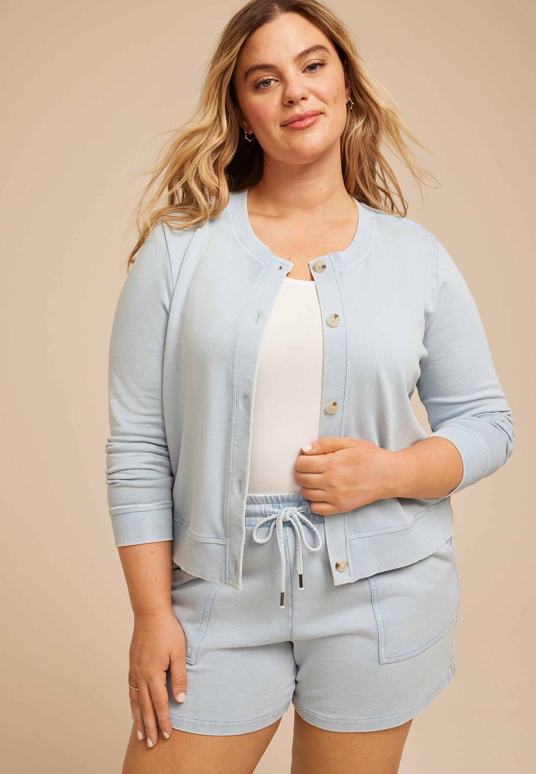 Plus Size Washed Terry Button Front Cardigan, C1187, large