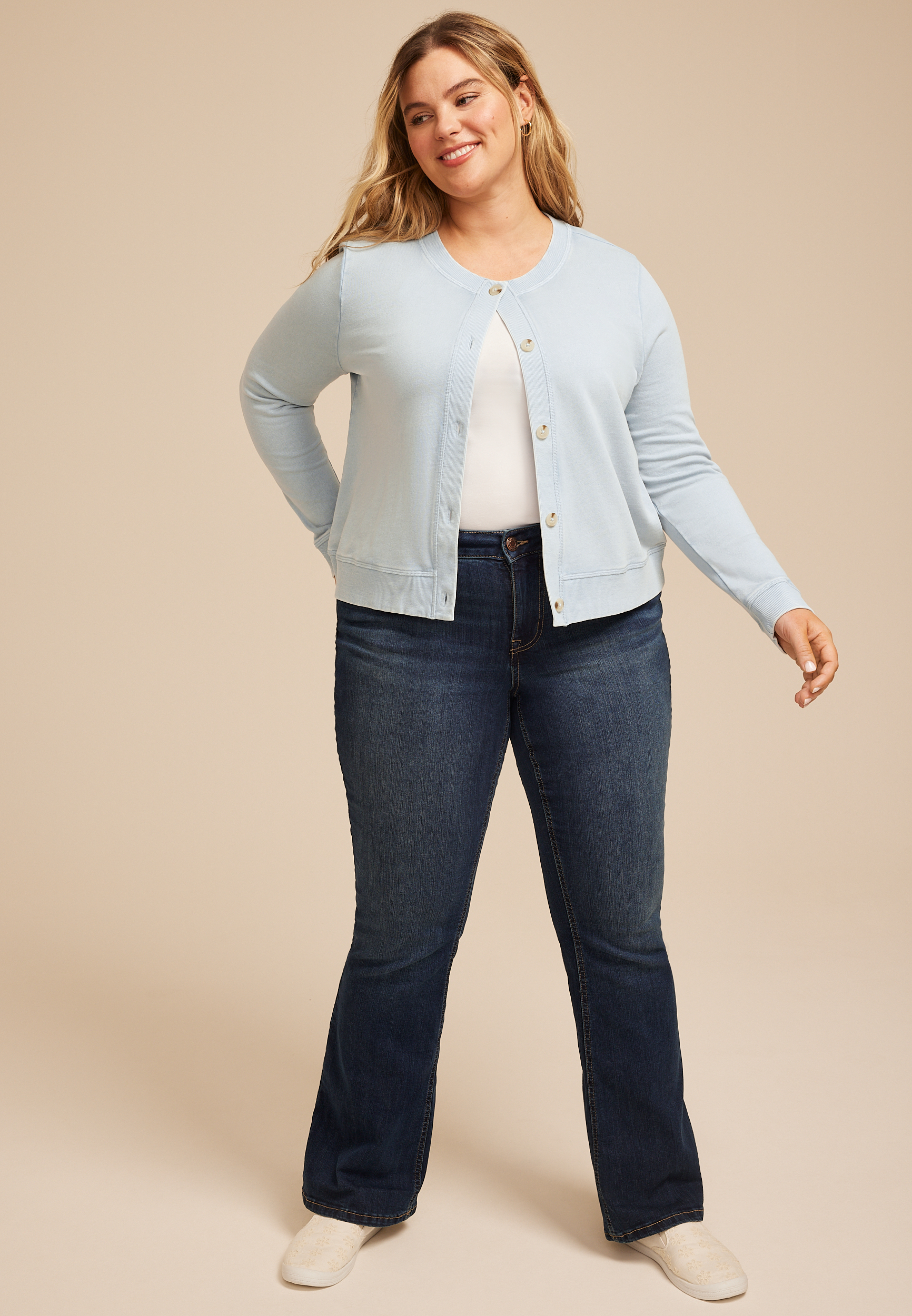 Plus Size Washed Terry Button Front Cardigan, C1187, large