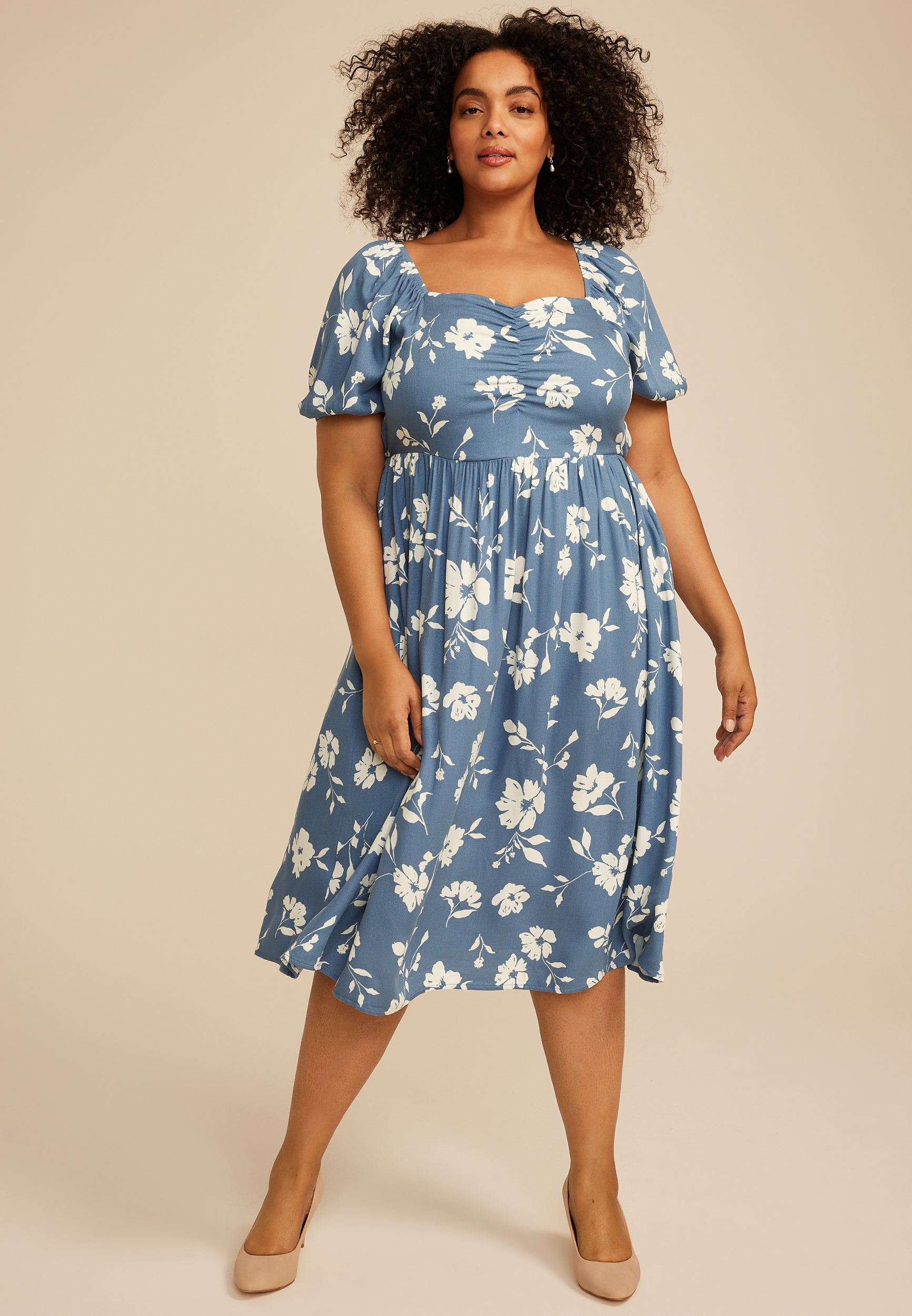 Plus Size Floral Sweetheart Bubble Sleeve Dress