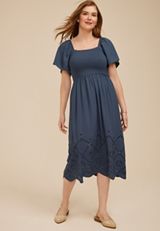 Smocked Flutter Sleeve Eyelet Midi Dress, C1505, small