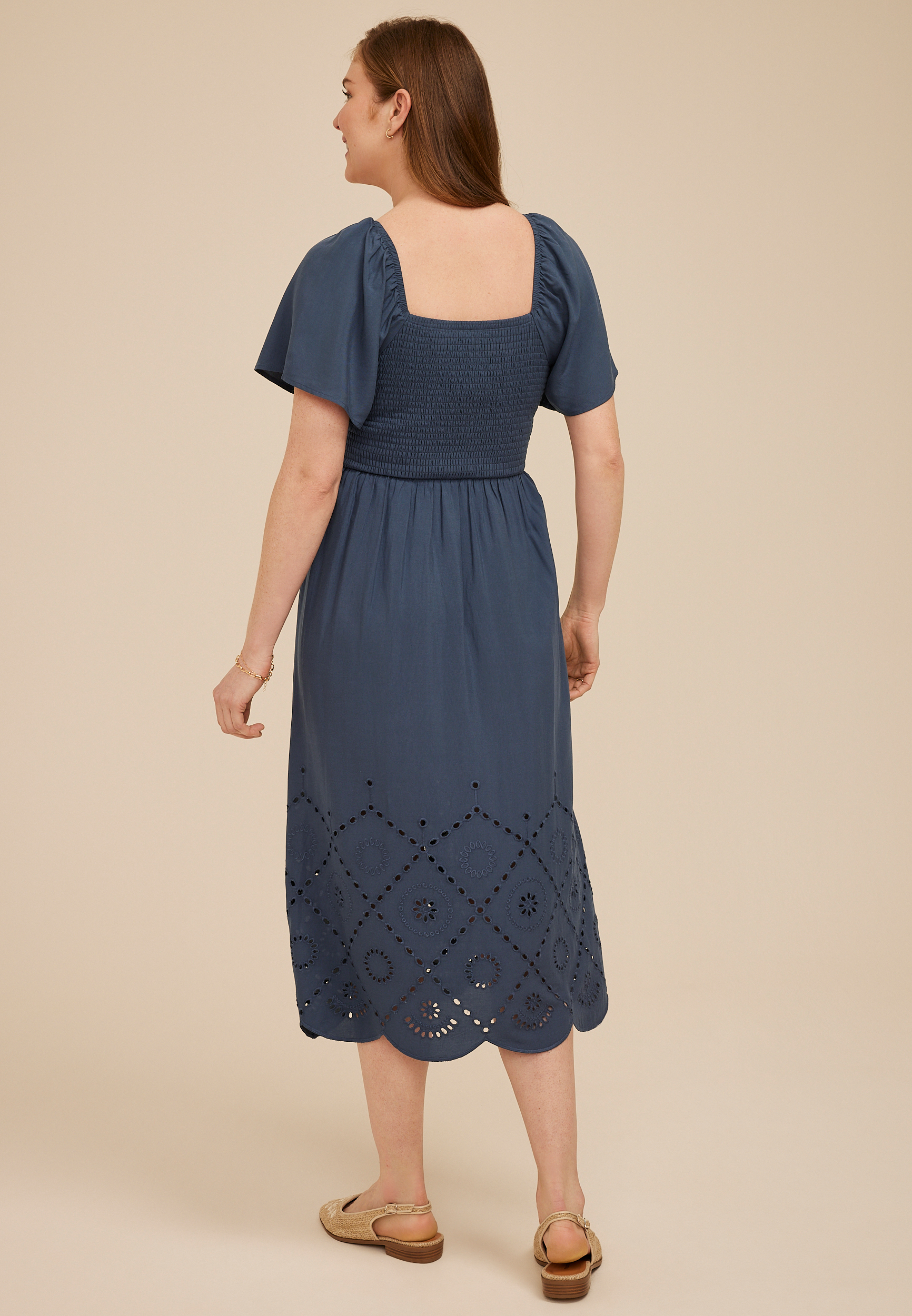 Maurices Women's Smocked Flutter Sleeve Eyelet Midi Dress Blue Size XX Large