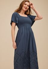 Smocked Flutter Sleeve Eyelet Midi Dress, C1505, small