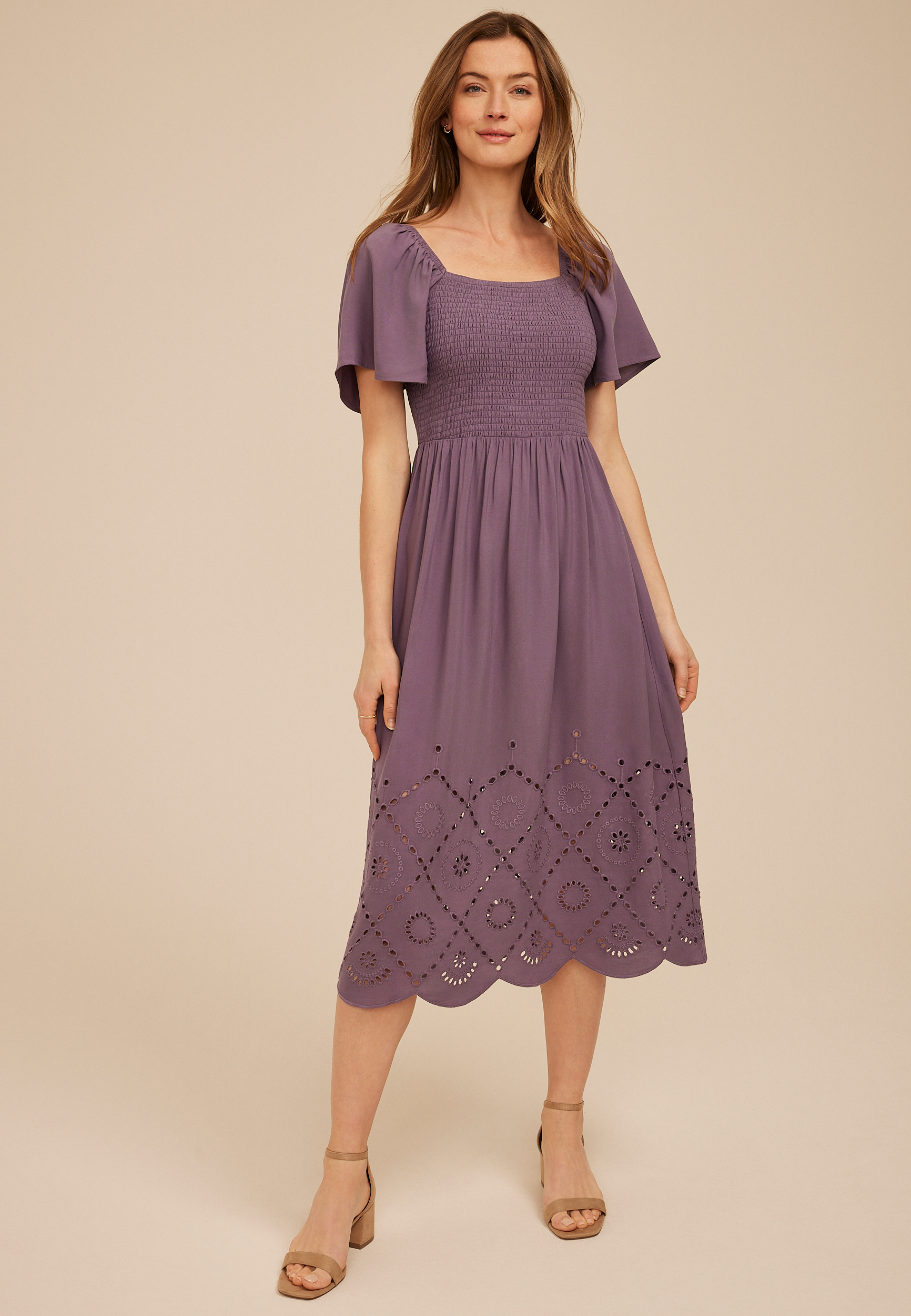 Smocked Flutter Sleeve Eyelet Midi Dress