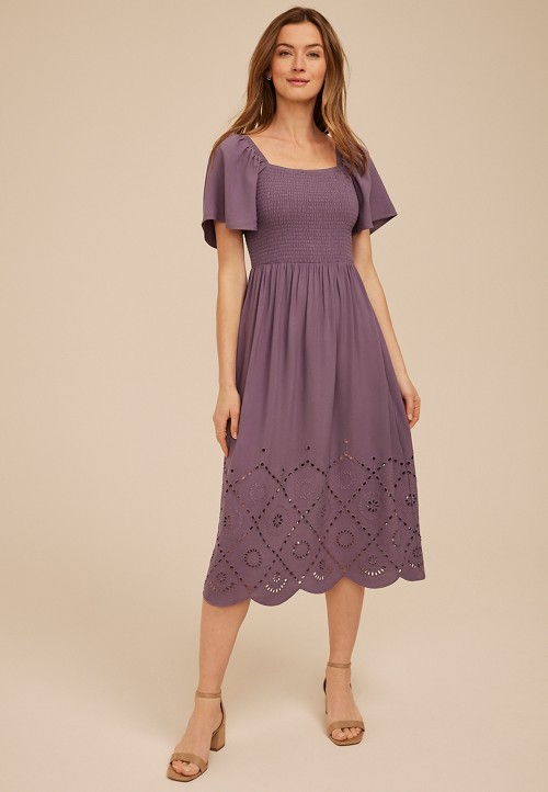 Maurices Women's Smocked Flutter Sleeve Eyelet Midi Dress Purple Size x Large