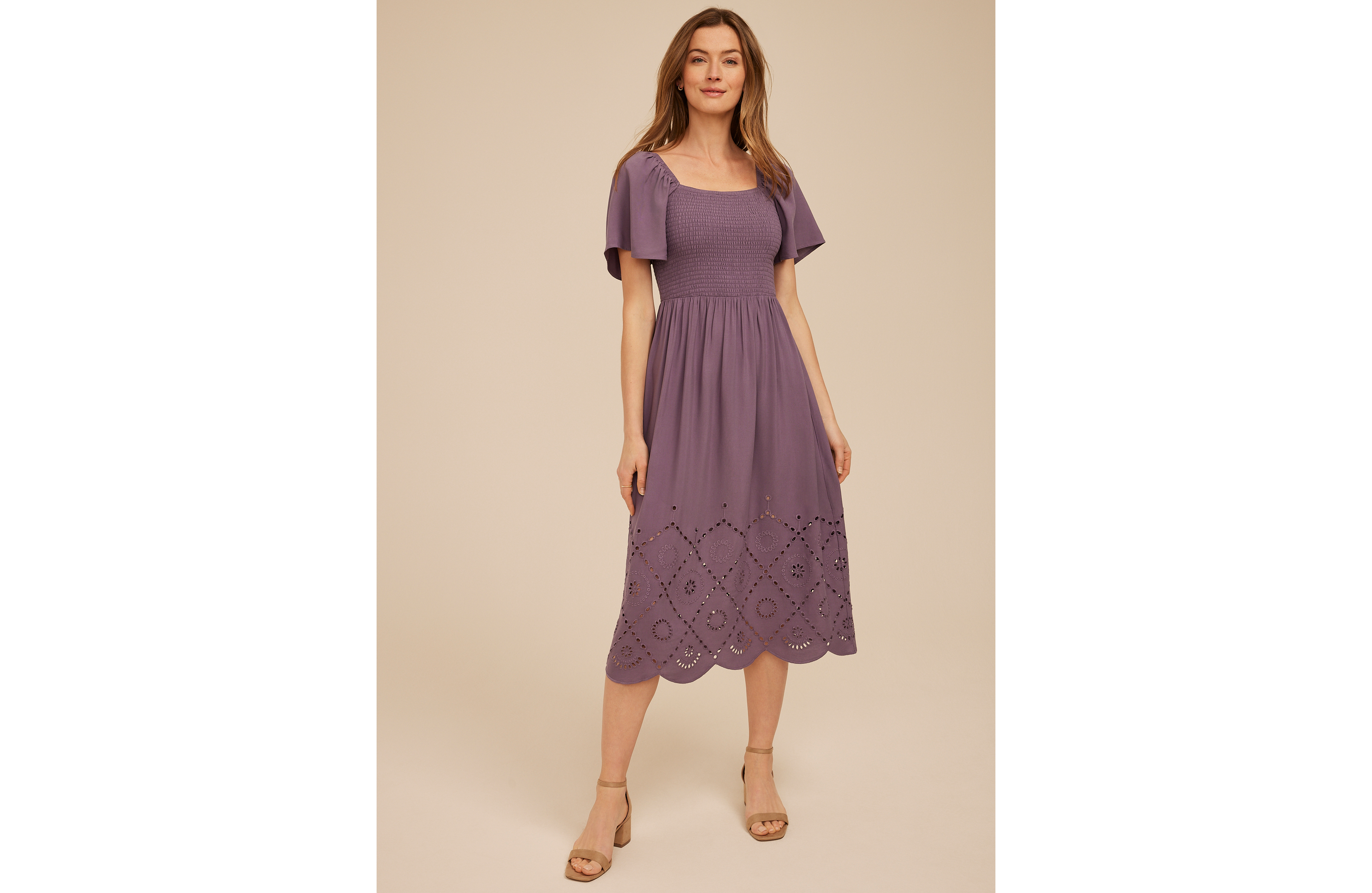 Smocked Flutter Sleeve Eyelet Midi Dress