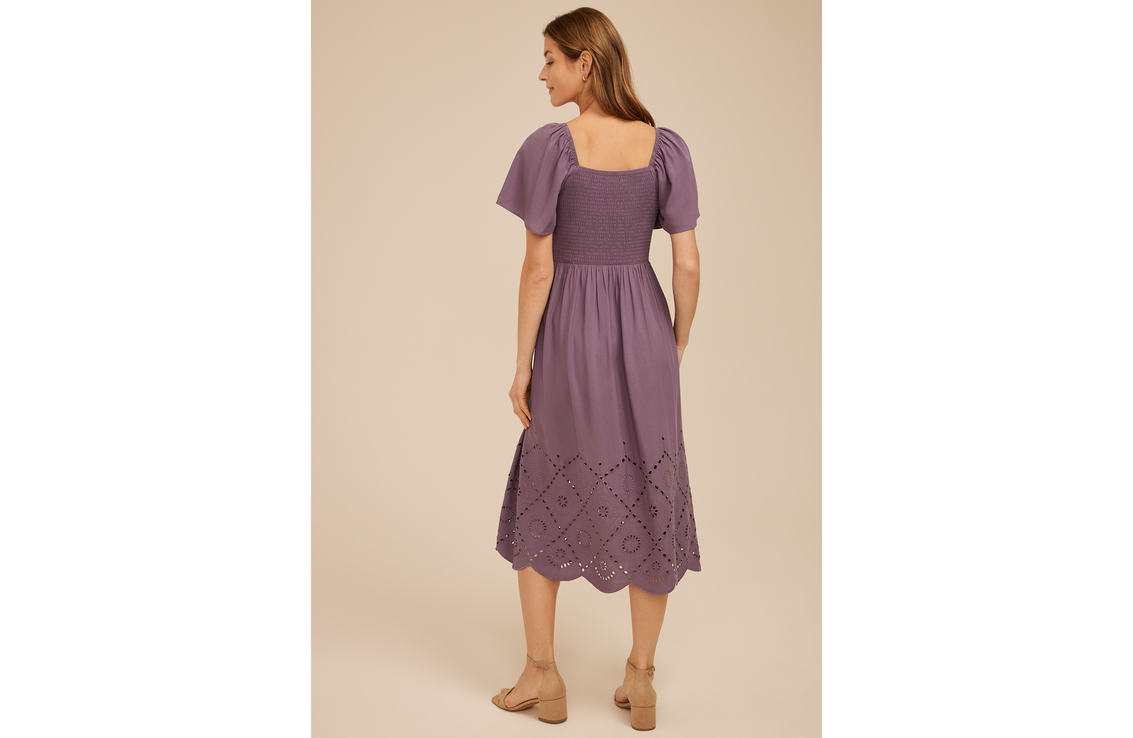 Smocked Flutter Sleeve Eyelet Midi Dress