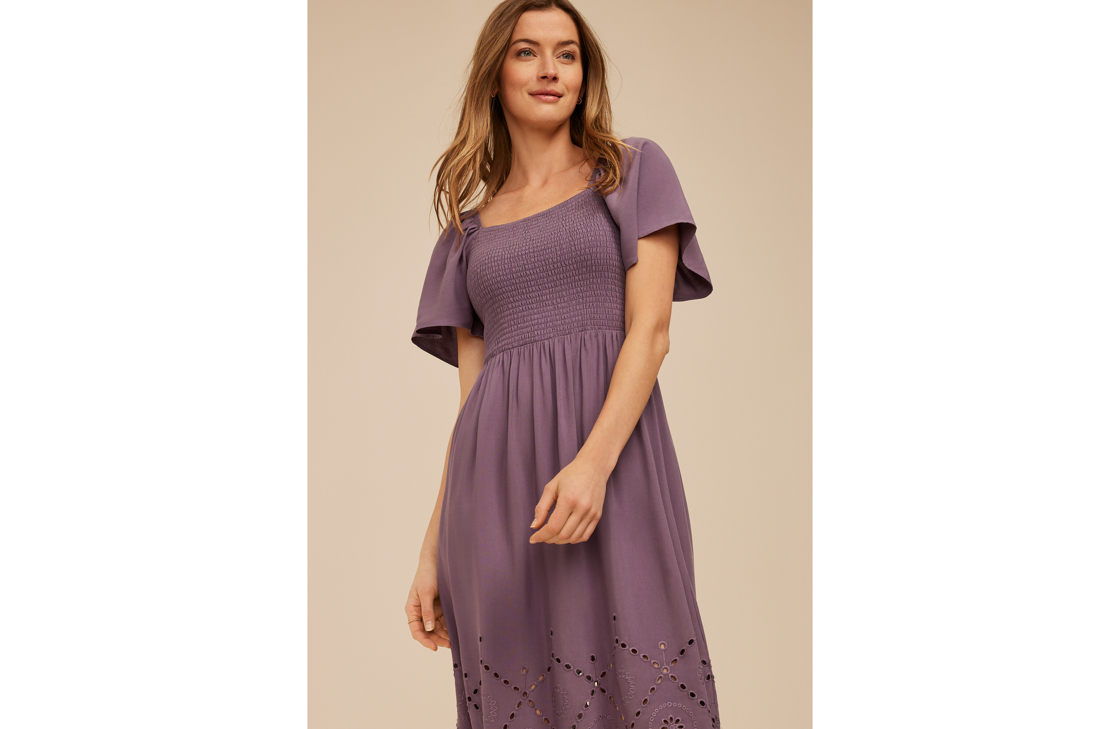 Smocked Flutter Sleeve Eyelet Midi Dress