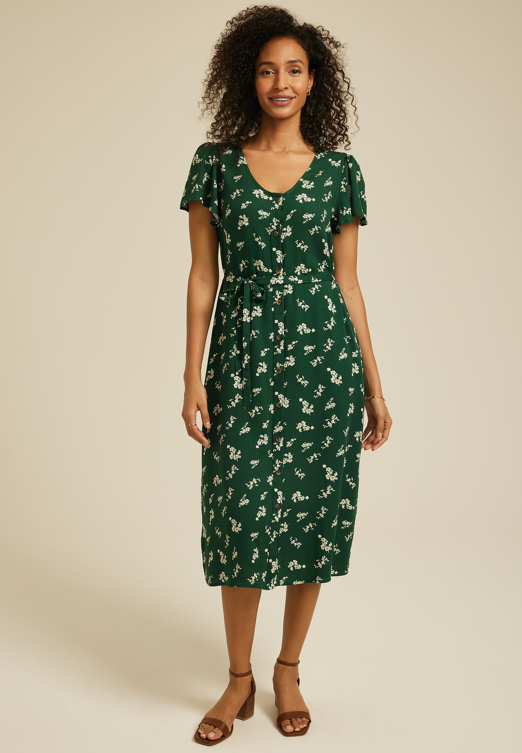 Green Floral Button Front Midi Dress