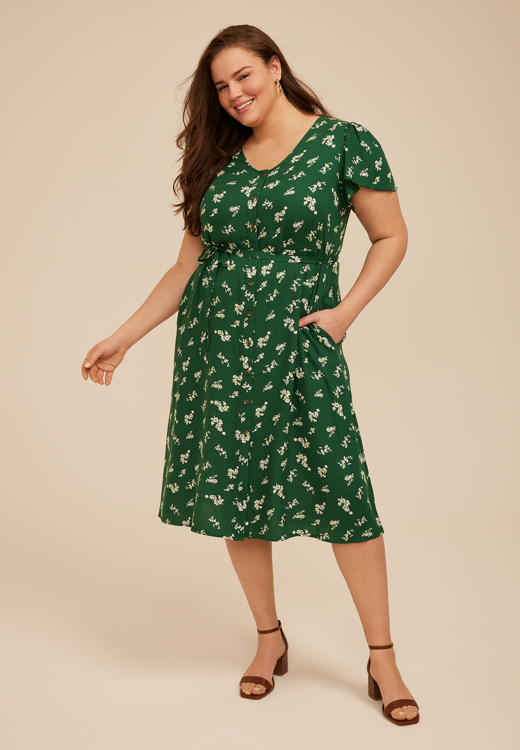 Plus Green Floral Button Front Midi Dress