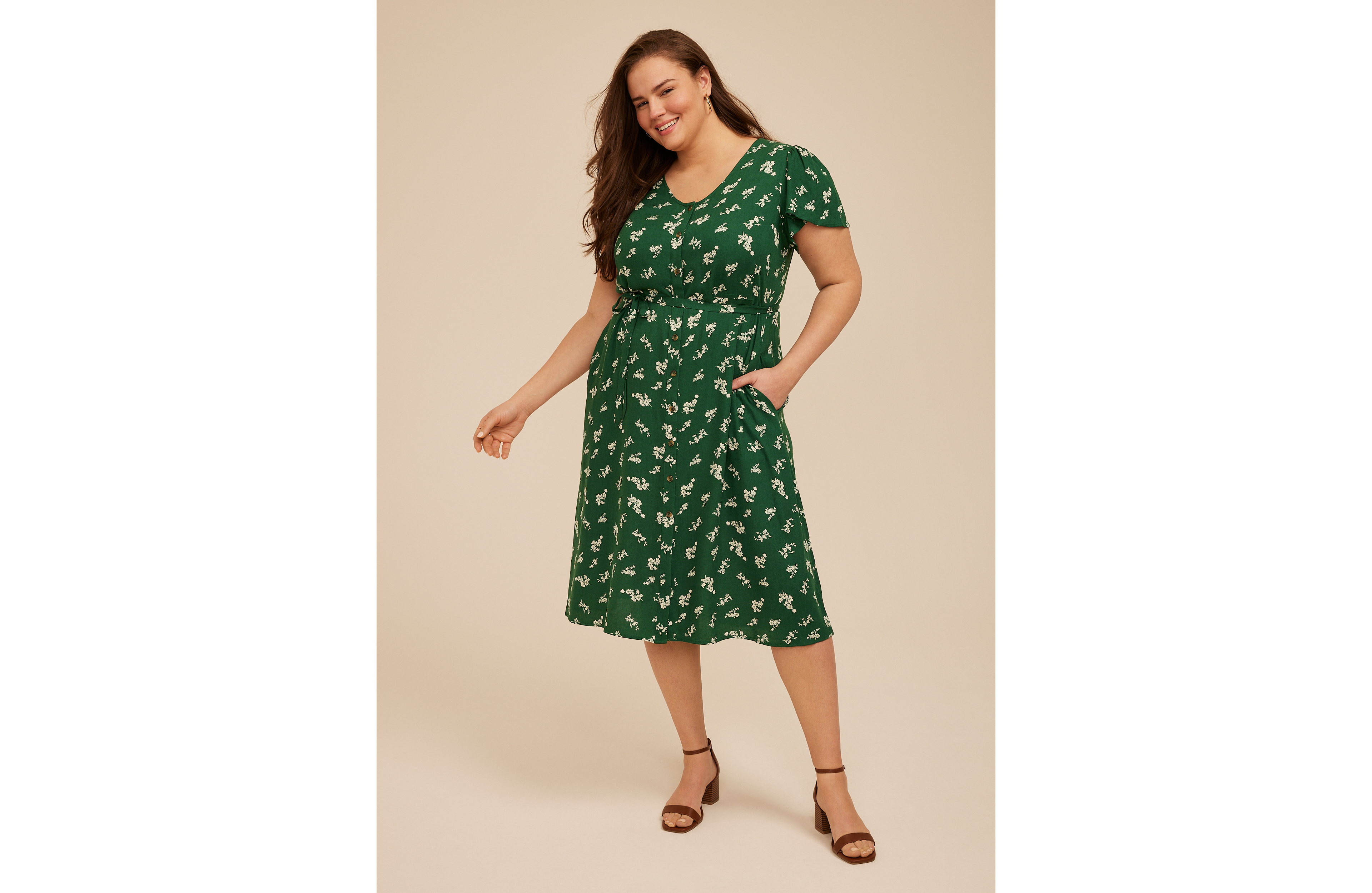 Plus Green Floral Button Front Midi Dress