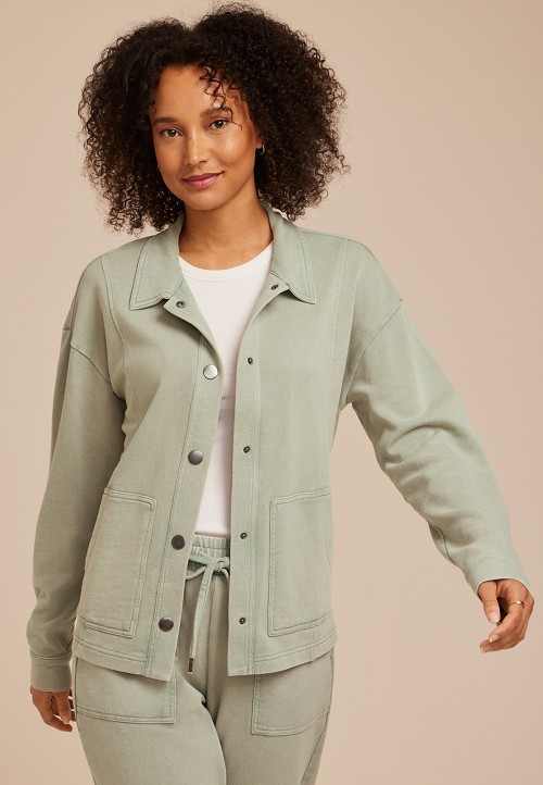 Washed Terry Snap Button Shacket | maurices