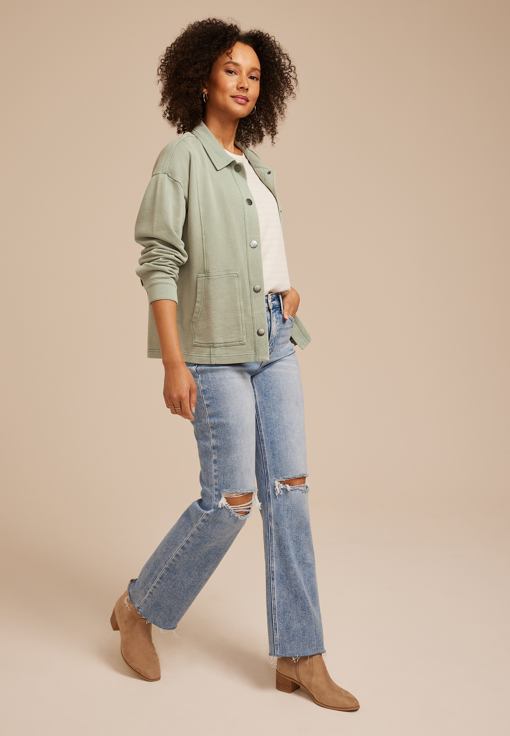 Washed Terry Snap Button Shacket | maurices
