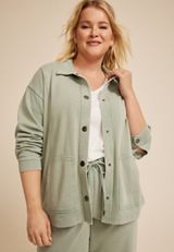 Plus Size Washed Terry Snap Button Shacket, C7225, small