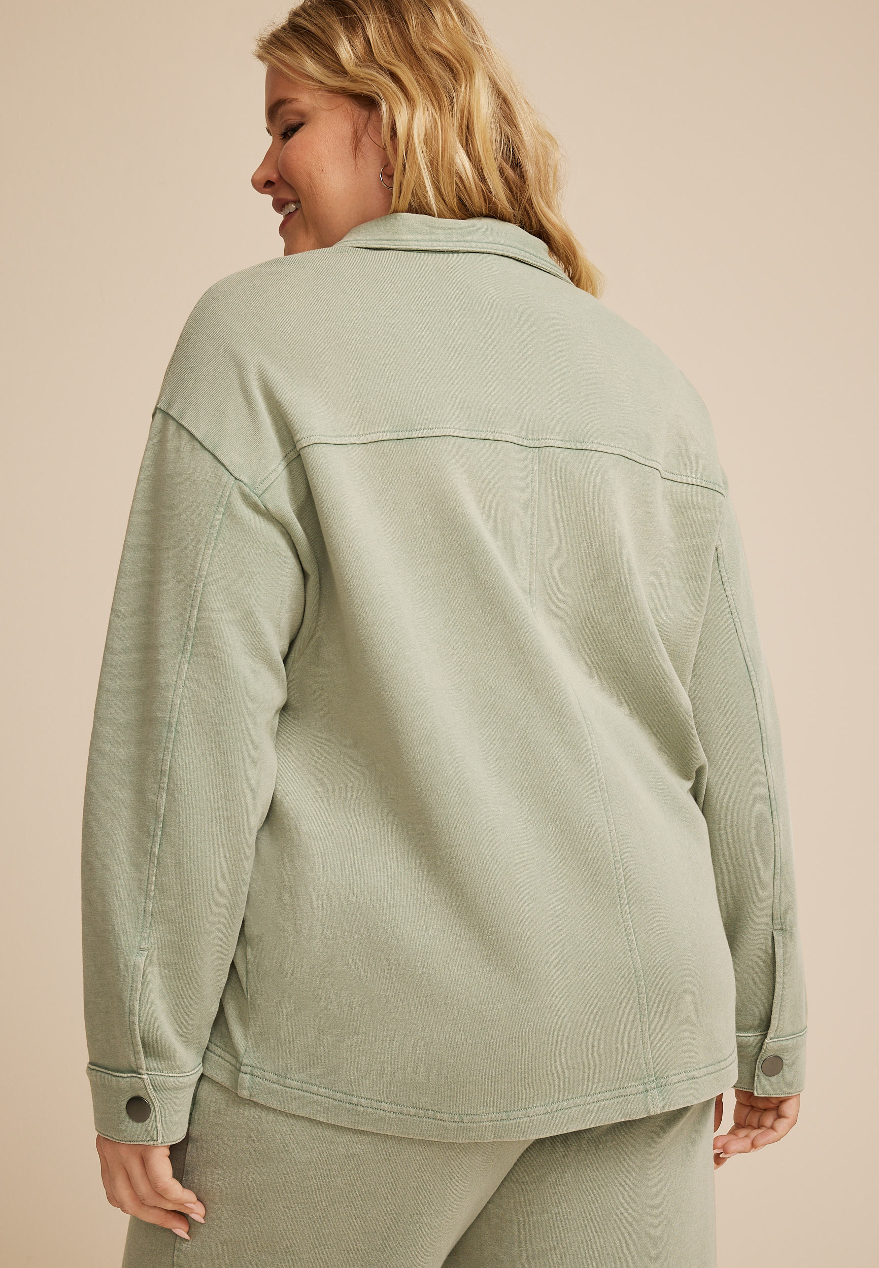Plus Size Washed Terry Snap Button Shacket, C7225, large