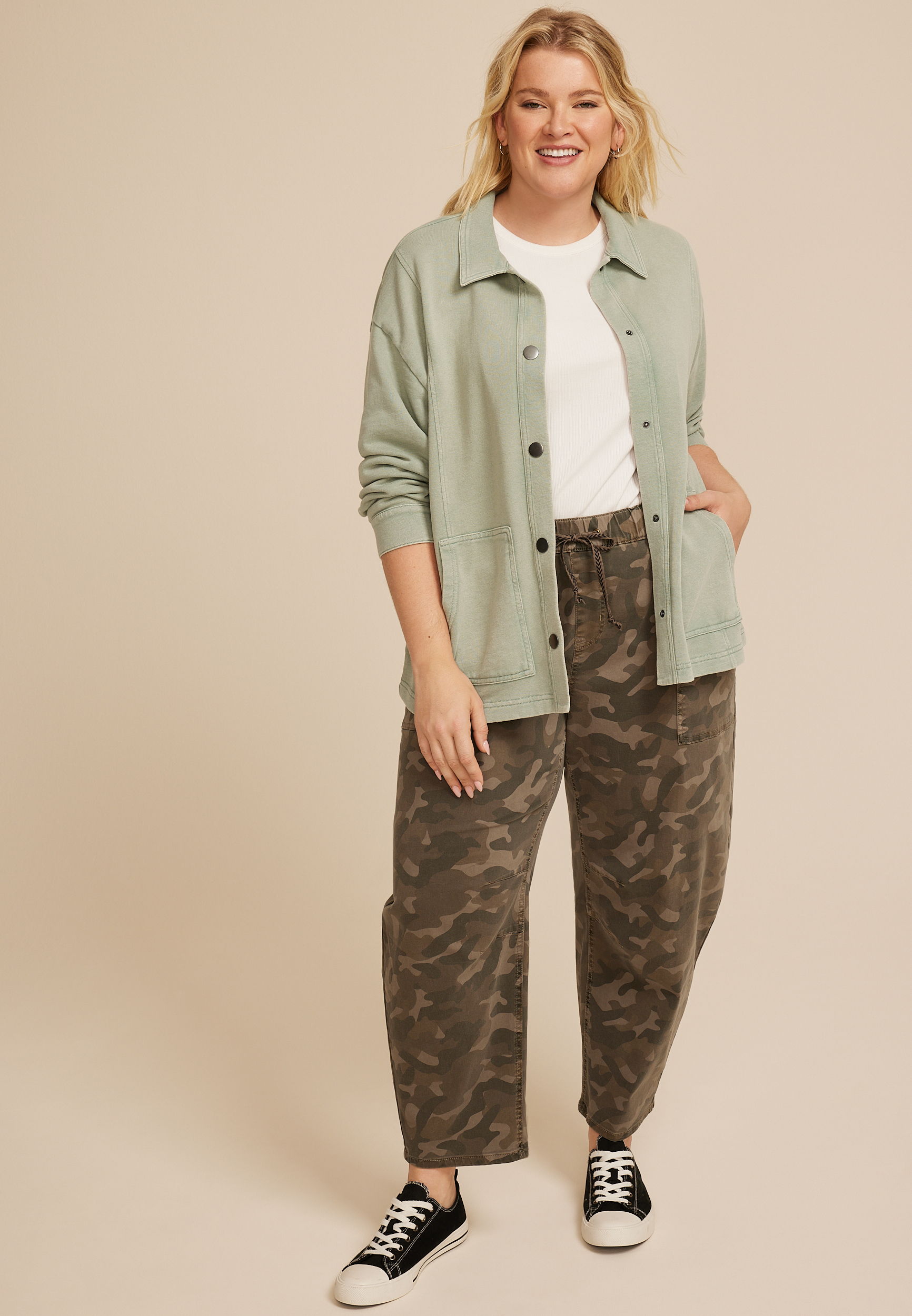 Plus Size Washed Terry Snap Button Shacket, C7225, large