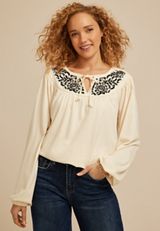 Floral Embroidered Long Sleeve Blouse, C8232, small