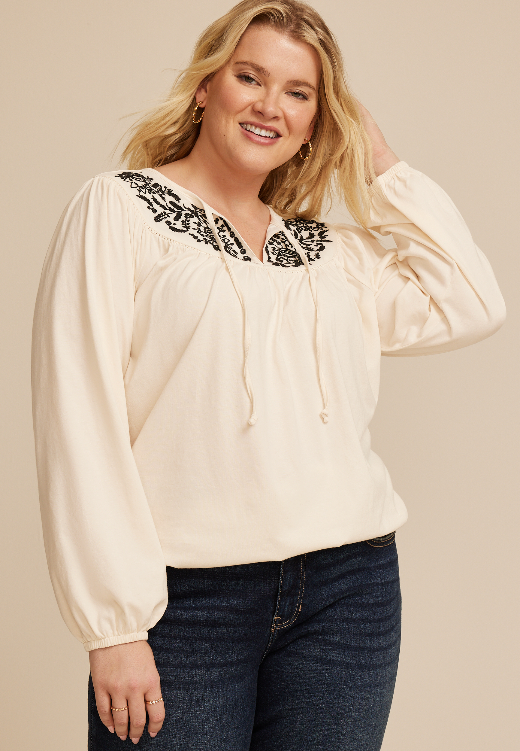 Plus Size Floral Embroidered Long Sleeve Blouse
