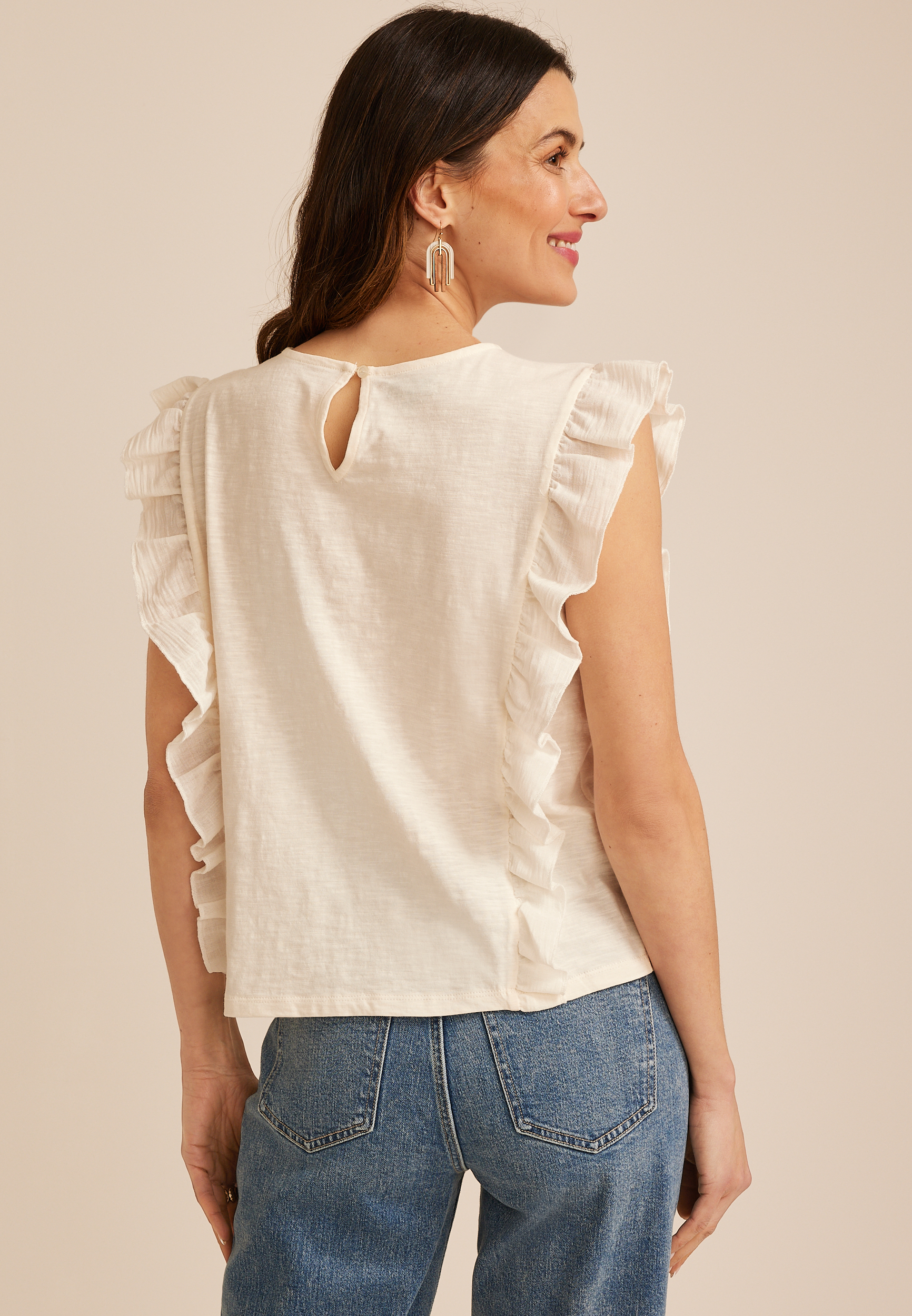 Embroidered Ruffle Trim Top, C8232, large